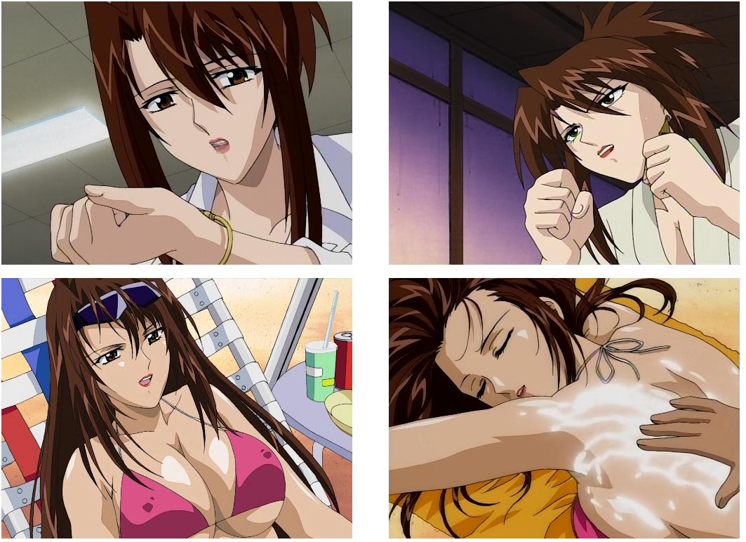 00s 2000s 2002 :d back bikini bracelet breasts brown_eyes brown_hair cleavage closed_eyes comic covered_nipples daraku_onna_kyoushi_hakai depravity female five_ways_(studio) large_breasts lipstick long_hair makeup open_mouth ragawa_kiriko screenshot smile swimsuit
