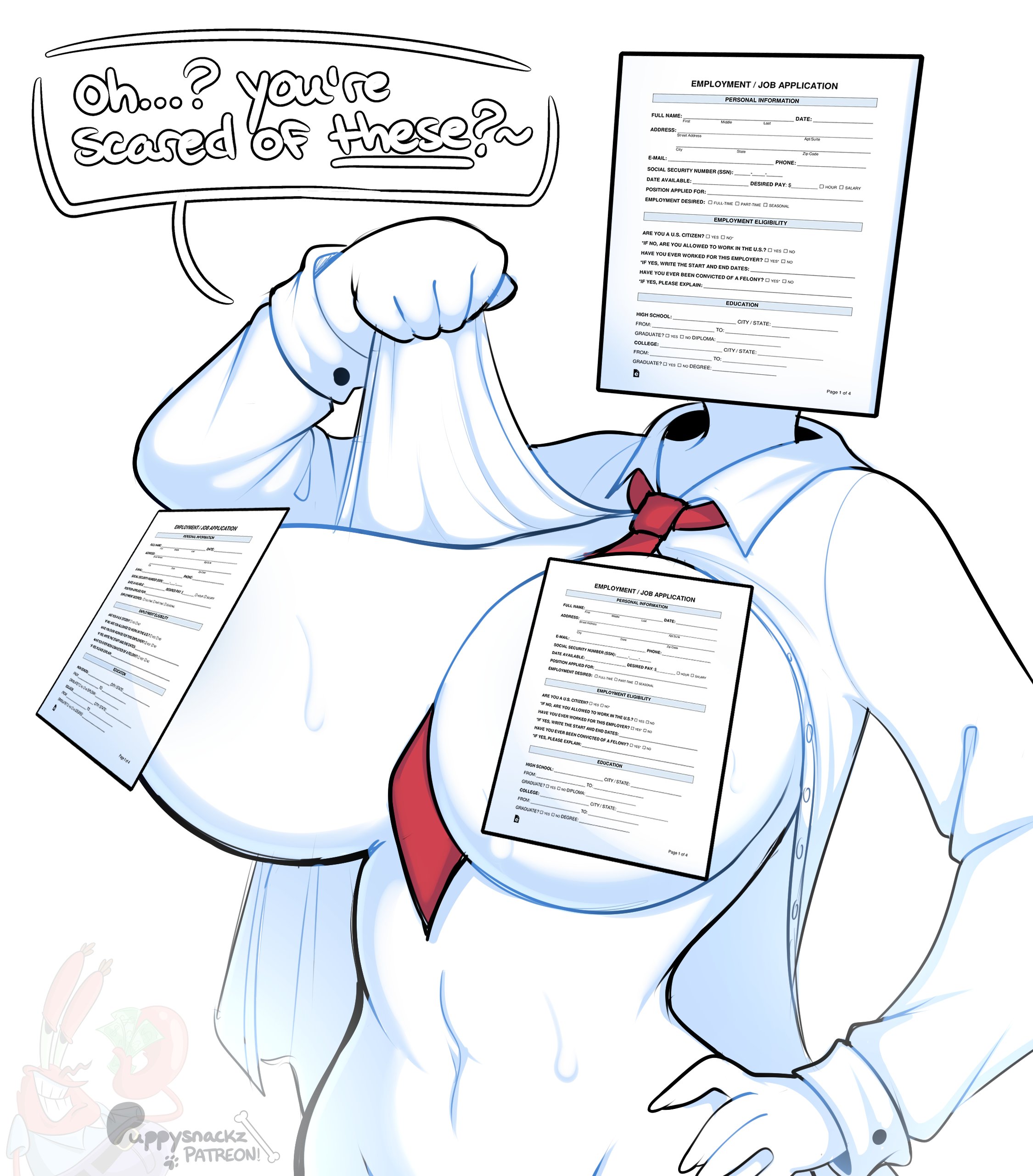 1girls, breasts, censored, censored nipples, creepy, dialogue, english text, female, hand on hip, horrifying, horror, job application, job application (humanized), large breasts, meme, mr krabs, office clothing, office lady, presenting, presenting breasts, puppysnackz, scary, speech bubble, sweat, tagme, tie, trigger warning, unbuttoned, unbuttoned shirt, watermark, white background, white skin