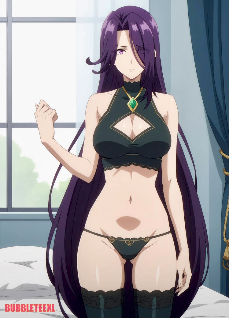 aurora_(the_eminence_in_shadow) belly_button bubbleteexl large_breasts light-skinned_female light_skin long_hair looking_at_viewer midriff navel purple_hair solo solo_female standing the_eminence_in_shadow