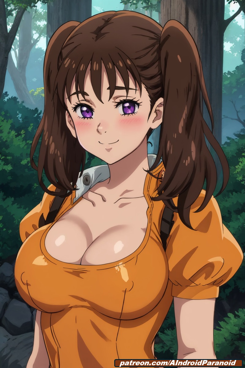 ai_generated aindroidparanoid big_breasts blush breasts brown_hair diane_(nanatsu_no_taizai) forest huge_breasts large_breasts nanatsu_no_taizai nipples outdoors purple_eyes seven_deadly_sins short_hair stable_diffusion the_seven_deadly_sins twintails