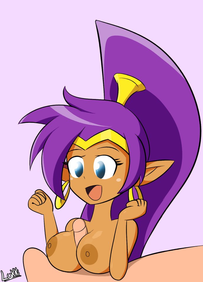 1boy 1girls blue_eyes breasts female luckster1234 male nipples open_mouth penis purple_hair shantae shantae_(character) tagme