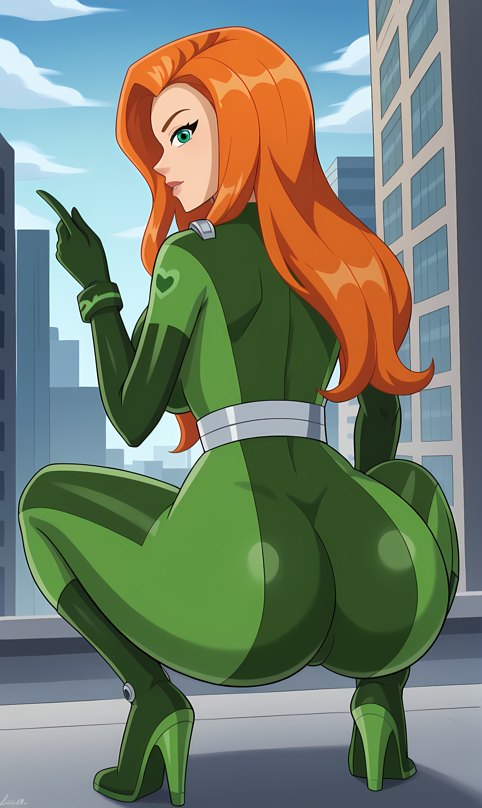 5 fingers, ai generated, ass, bill cipher, bodysuit, bonnieaiart, boots, breasts, cartoon network, clothed, clothed female, deviantart, deviantart link, female, female only, green bodysuit, green clothing, green eyes, high heel boots, high heels, looking back, nai diffusion, orange hair, png, sam (totally spies), sideboob, solo, stable diffusion, teletoon, totally spies