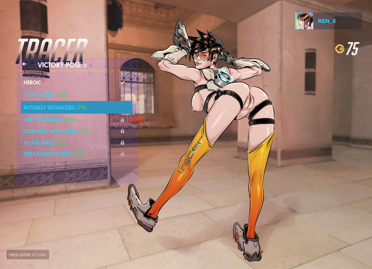 anus, areola, ass, bent over, breasts, brown hair, crocs, fake screenshot, female, female only, functionally nude, gameplay mechanics, gloves, goggles, harness, medium breasts, mostly nude, nipples, overwatch, overwatch 2, pistol, presenting, pussy, renx, shoes, short hair, solo, tracer