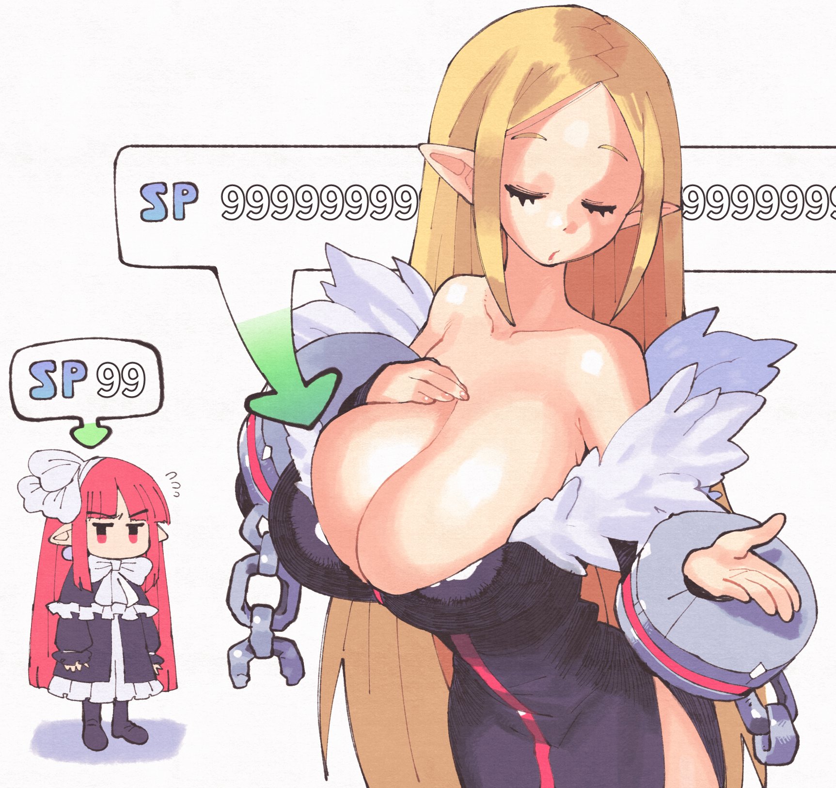 annoyed, big breasts, blonde hair, breast envy, breasts, cleavage, cleric (disgaea), disgaea, elf ears, female, huge breasts, inkerton-kun, inkuusan, large breasts, long hair, mage (disgaea), nippon ichi software, pink hair, pointy ears, stats