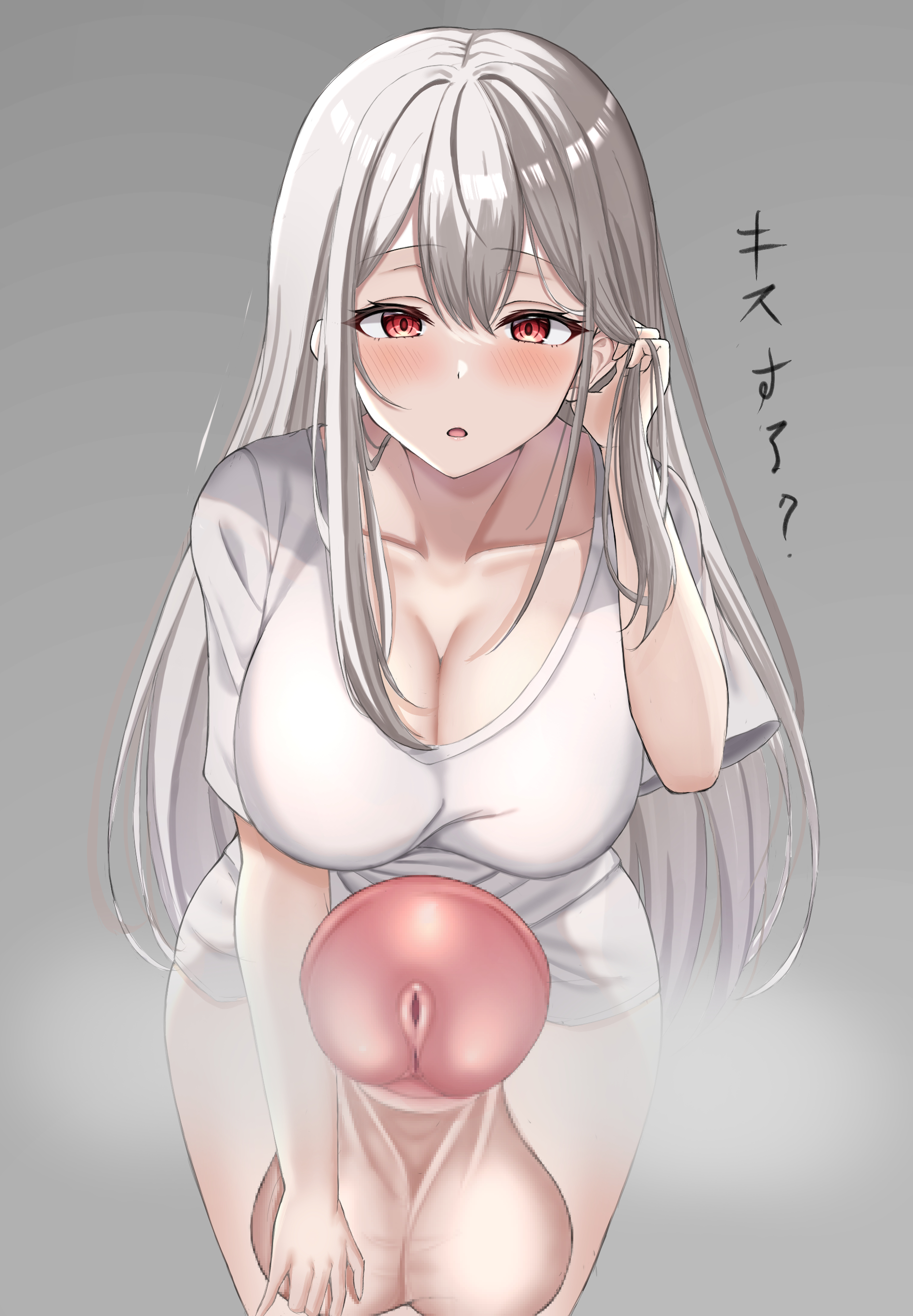 1futa, balls, big breasts, blush, bottomless, breasts, clothed, clothing, cock pointing towards viewer, erection, futa only, futanari, huge cock, human, intersex, light skin, light-skinned futa, long hair, looking at viewer, looking down the barrel, miyamame, mostly clothed, penis, penis pointing toward viewer, rnnllxuwta, shirt, solo, standing, white hair