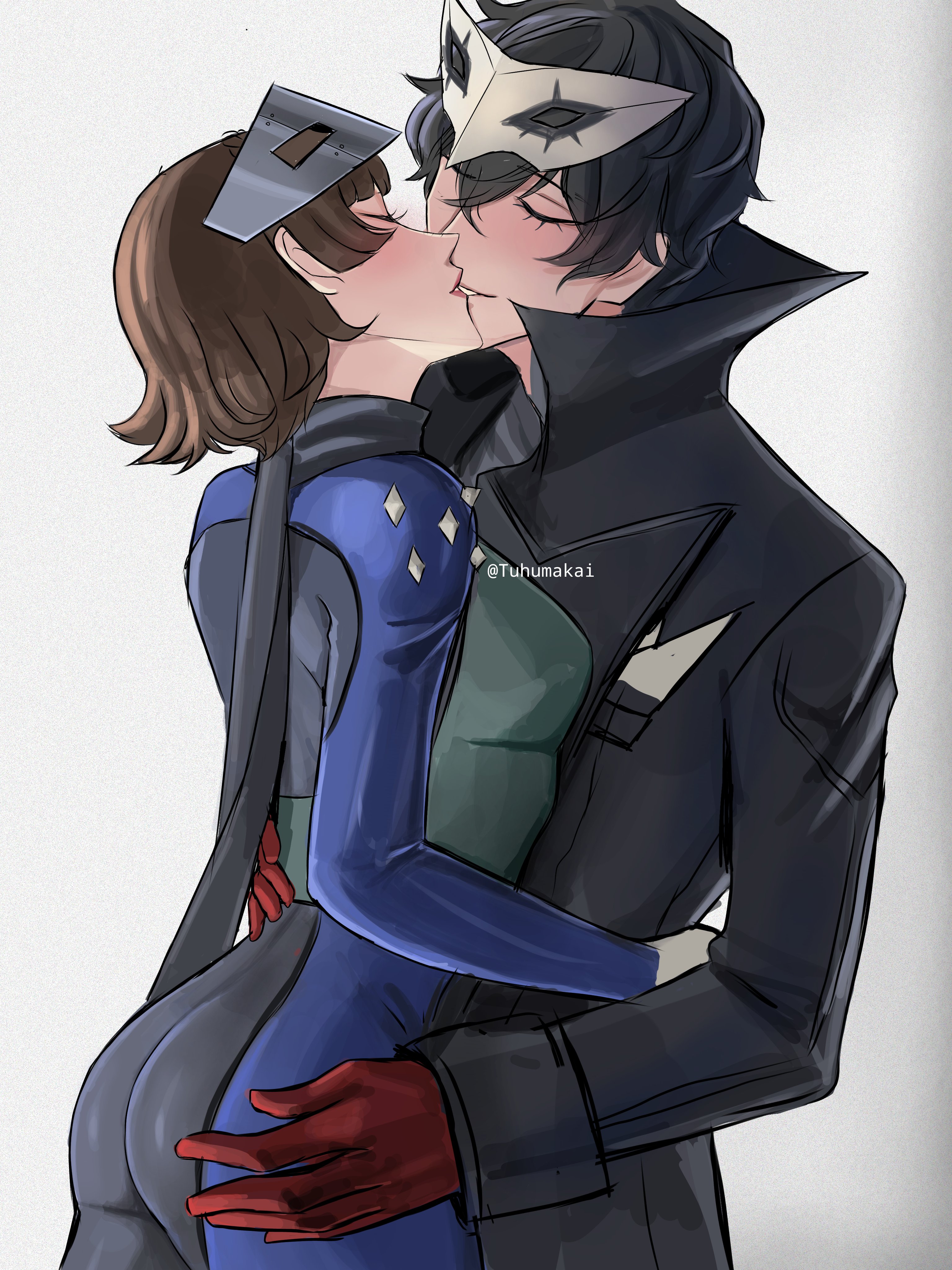 ass, atlus, breasts, clothing, female, human, joker (persona), kissing, makoto niijima, makoto niijima (queen), male, pale skin, persona, persona 5, phantom thief suit, ren amamiya, sideboob, tuhumakai