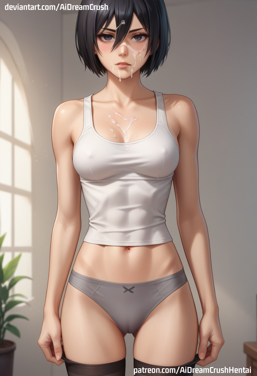 ai_generated aidreamcrush attack_on_titan cum cum_on_chest cum_on_face eyes gray_panties hair hips mikasa_ackerman panties shingeki_no_kyojin stockings thighhighs thighs underwear