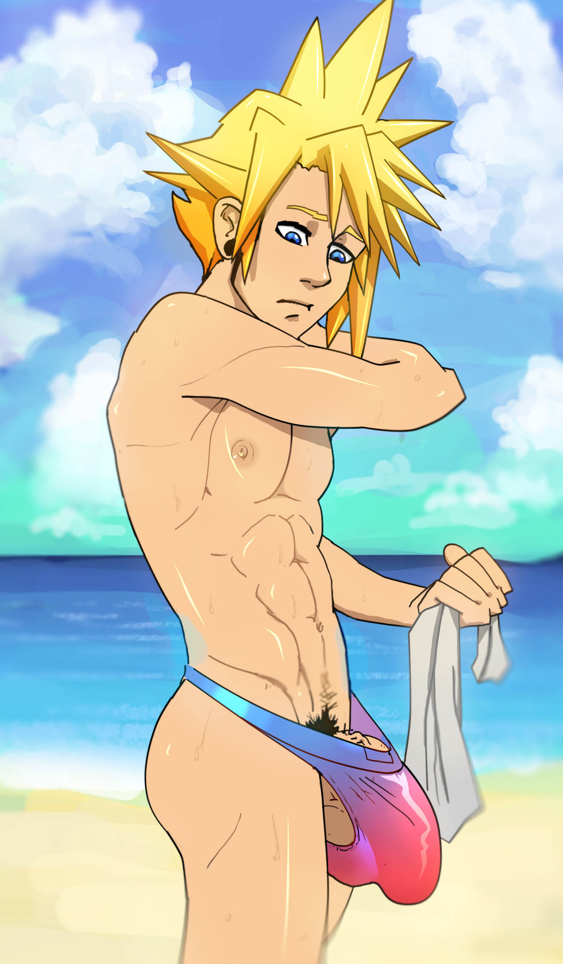 1boy, anma, balls, beach, cloud strife, final fantasy, final fantasy vii, human, male, male only, ocean, outdoors, penis, solo, summer, swimsuit, testicles, topless, yaoi