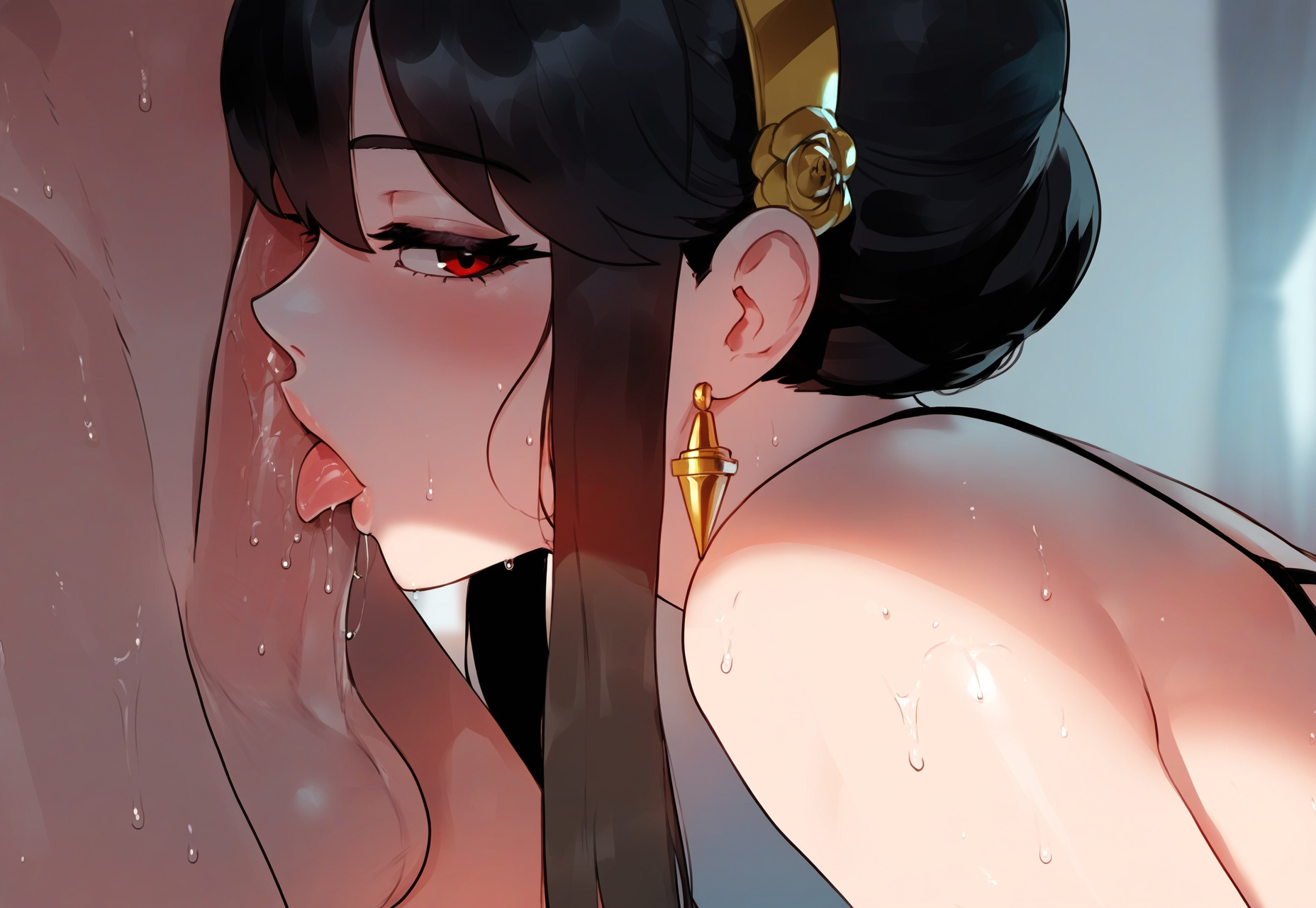 1boy, 1girls, ai generated, ass, balls, bangs, bare shoulders, black hair, blush, breasts, close-up, clothing, completely nude, curvaceous, curvaceous female, curvaceous figure, curvy, curvy figure, earrings, fellatio, female, female focus, flower, gold earrings, gold hairband, hair bun, hair flower, hair ornament, hairband, half-closed eyes, headwear, housewife, indoors, jewelry, large breasts, licking, light skin, light-skinned female, long hair, looking at viewer, male, mature female, milf, miyuai, nude, open mouth, oral, penis, red eyes, saliva, saliva trail, sidelocks, solo focus, spy x family, straight, sweat, testicles, tied hair, tongue, tongue out, uncensored, voluptuous, voluptuous female, yor briar, yor forger