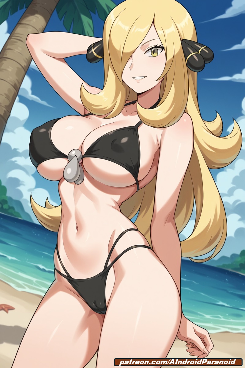 1girls, ai generated, aindroidparanoid, ass, beach, bikini, blonde hair, breasts, cameltoe, cynthia (pokemon), female, female only, huge ass, huge breasts, long hair, narrow waist, nipples, ocean, one eye obstructed, outdoors, pokemon, pussy, stable diffusion, swimsuit, wavy hair, yellow eyes