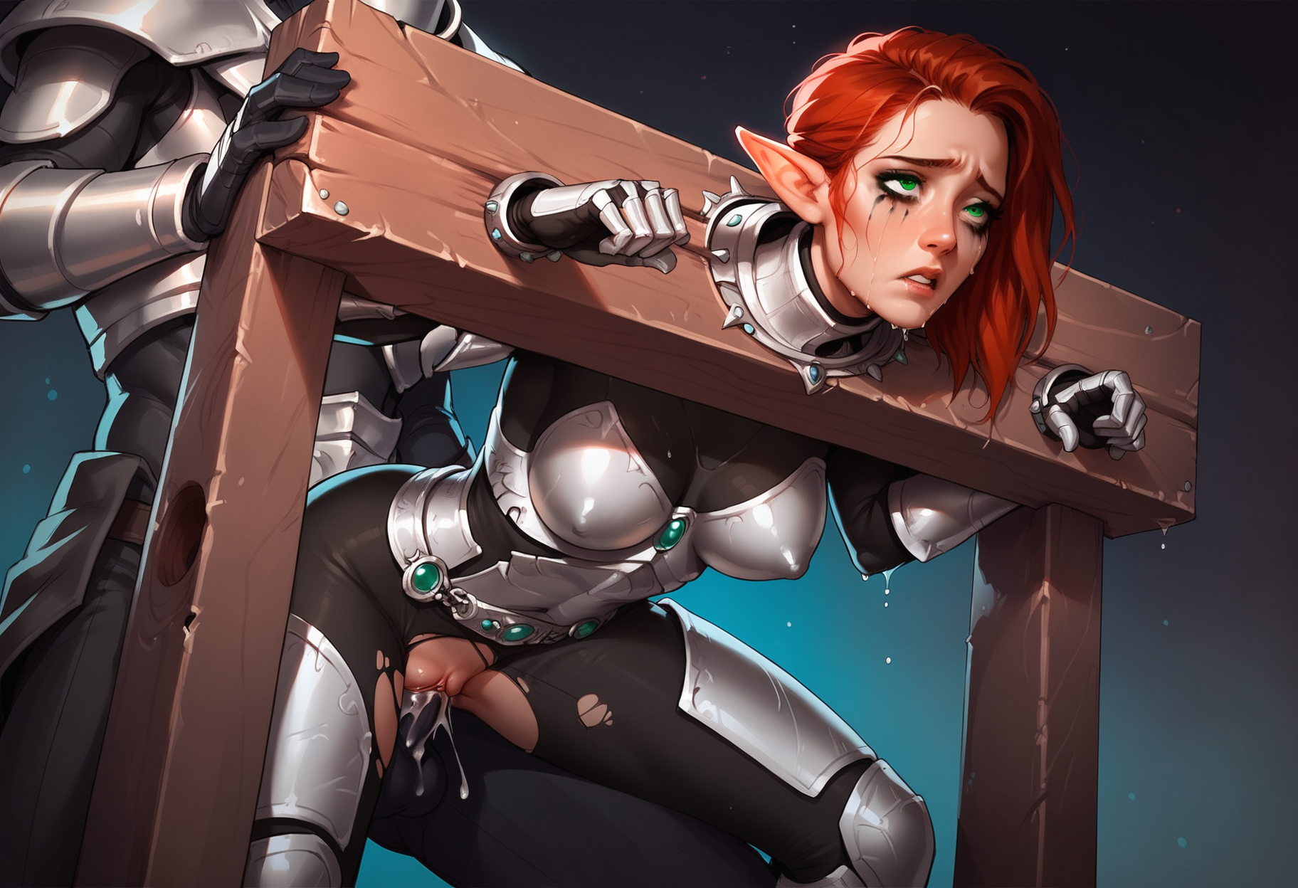 aeldari, ai generated, anaslex, armor, crying, crying with eyes open, doggy style, eldar, elf ears, female, mascara tears, penetration, pillory, pointy ears, pussy, rape, restrained, ripped bodysuit, ripped clothing, ruined makeup, sex, sweat, tears, torn bodysuit, torn clothes, vaginal penetration, warhammer (franchise), warhammer 40k