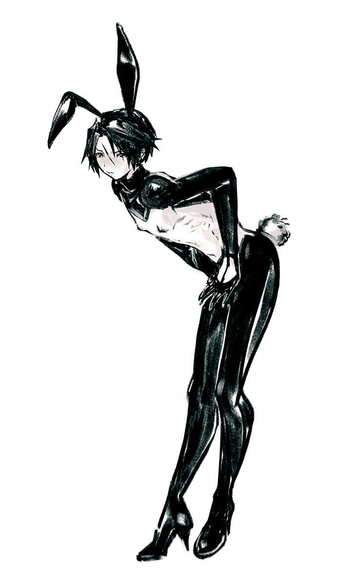 1boy black_and_white blush bunny_ears bunny_tail final_fantasy final_fantasy_viii heels male male_only nipples reverse_bunnysuit squall_leonhart twink