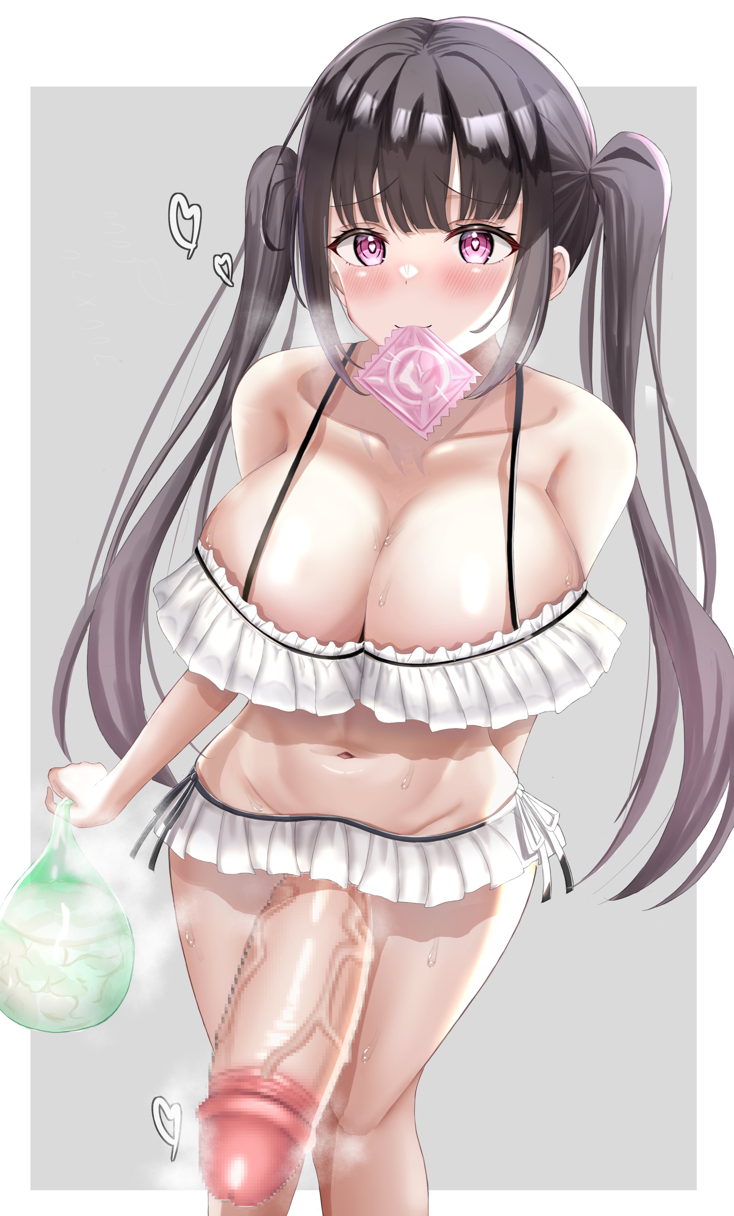 1futa, bangs, big breasts, bikini, black hair, breasts, censored, clothed, clothing, condom, condom balloon, condom in mouth, cum, ejaculation, erection, filled condom, futa only, futanari, heart-shaped pupils, huge cock, human, intersex, light skin, light-skinned futa, long hair, miyamame, mostly nude, penis, rnnllxuwta, solo, standing, twintails