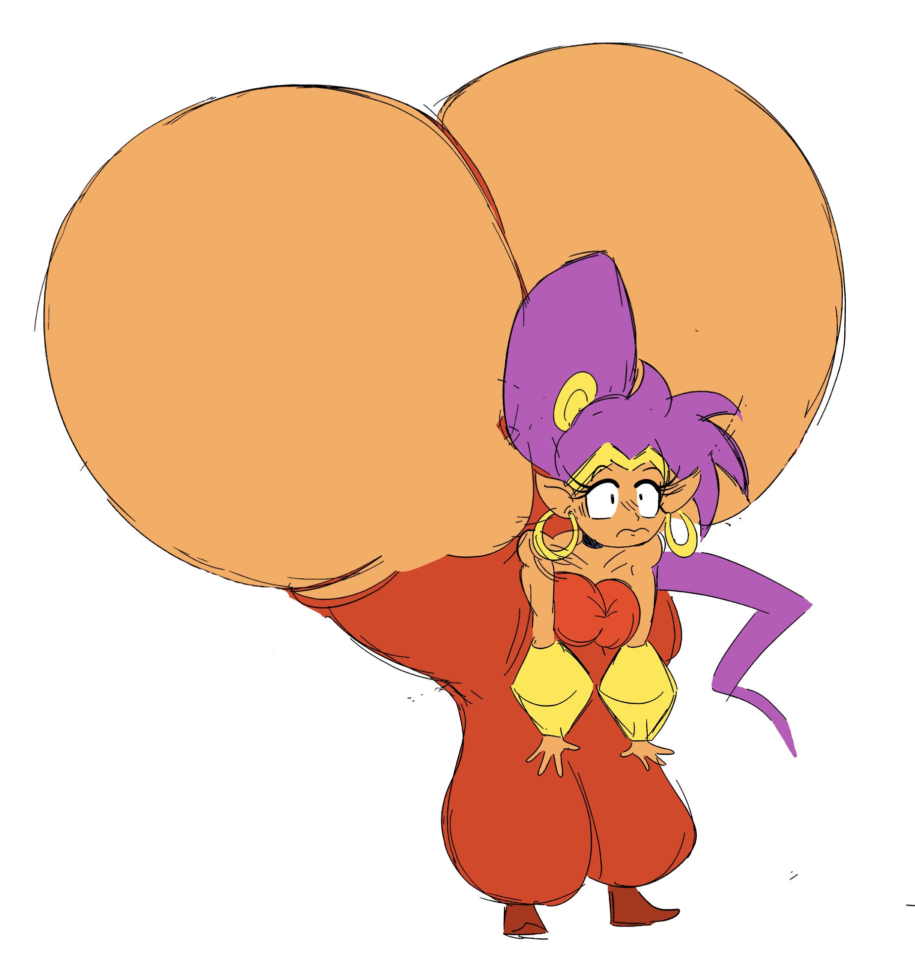 1girls, ass, ass built separately, big ass, bubble butt, female, flat colors, gigantic ass, higher resolution duplicate, huge ass, hyper ass, purple hair, ripped pants, shantae, shantae (character), sketch, solo, tanned, tasteofchoklit, wardrobe malfunction