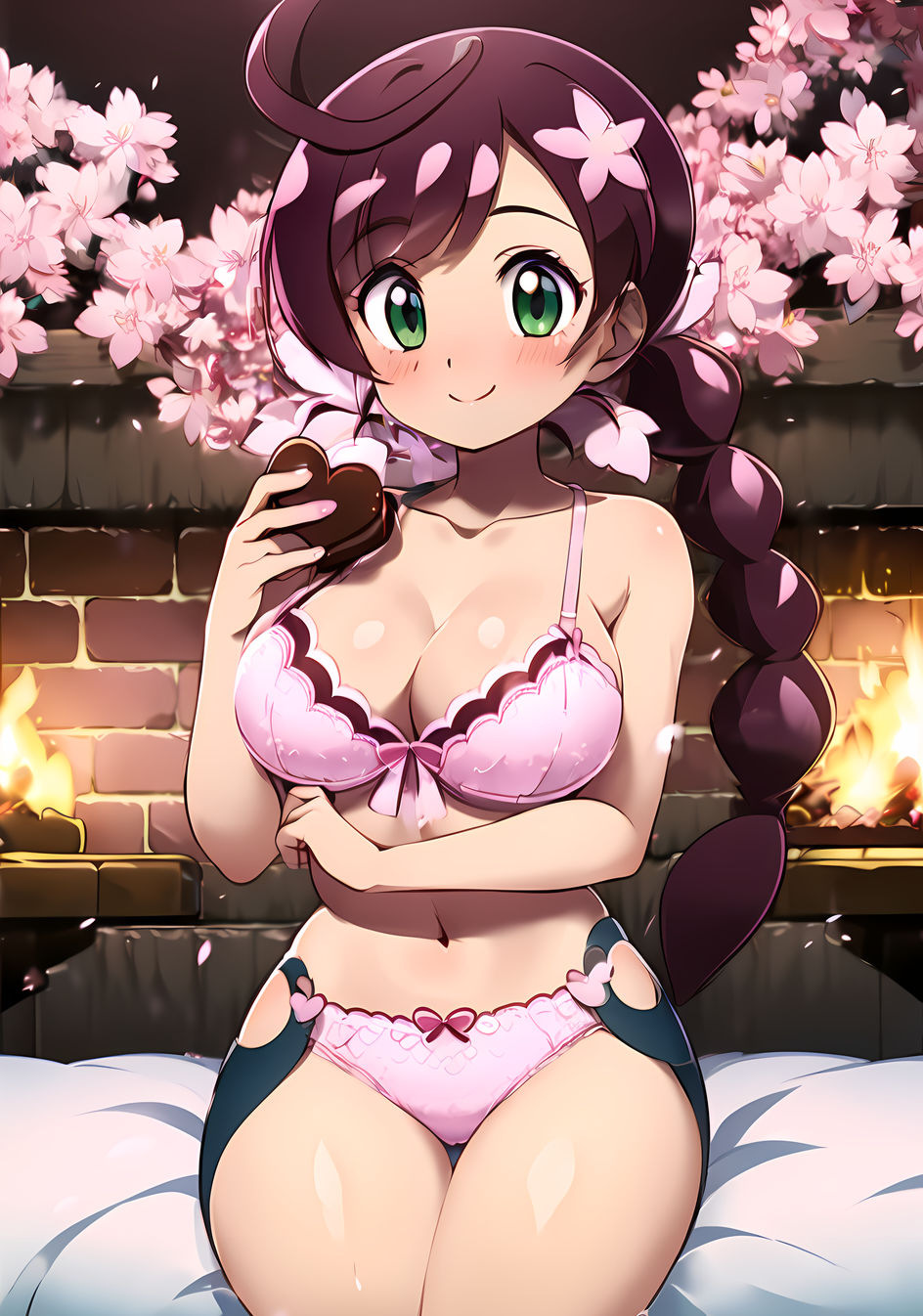 1girls ai_generated belly belly_button big_breasts bra breasts chloe_(pokemon) cleavage collarbone female female_focus female_only frilly_bra green_eyes large_breasts navel nintendo panties pink_bra pink_underwear pokemon purple_hair revealing_clothes ryuzam solo thick_thighs thighs