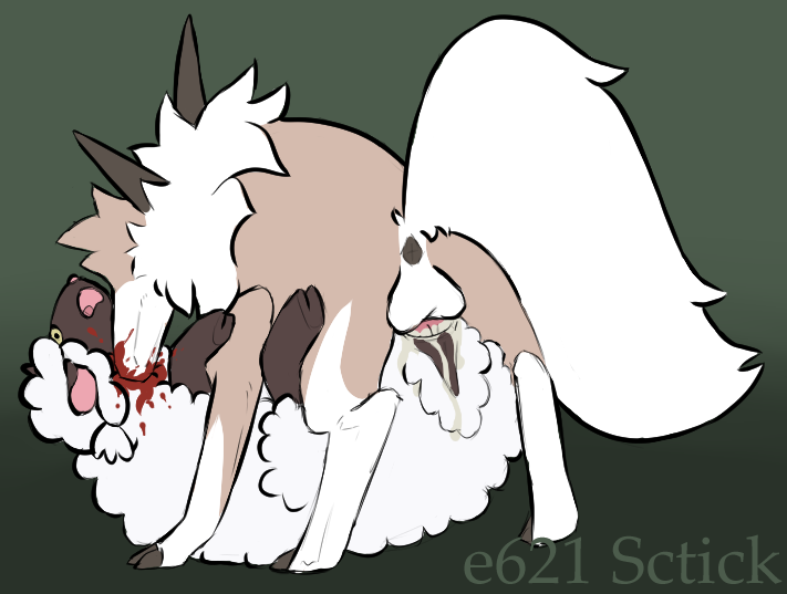 anal anal_sex bite blood bodily_fluids clip_studio_paint_(artwork) cum digital_media_(artwork) duo feral feral_on_feral generation_7_pokemon generation_8_pokemon genital_fluids gore guro knot lycanroc male nintendo penetration pokemon pokemon_(species) questionable_consent sctick snuff wooloo