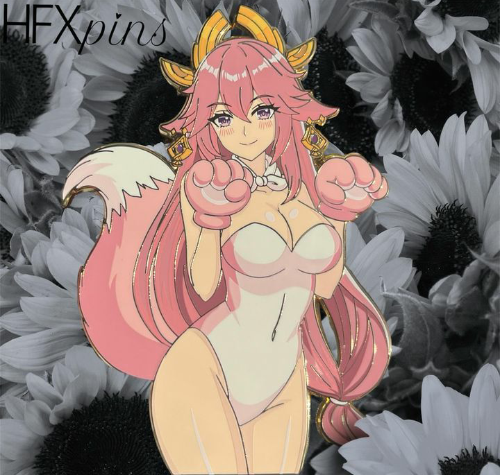 animal_ears animal_tail bare_legs big_breasts blush cosplay earrings fox_ears fox_girl fox_tail foxgirl genshin_impact hfxpins leotard long_hair paw_gloves pink_hair pink_hair_female purple_eyes smile tail thick_thighs white_leotard wide_hips yae_miko