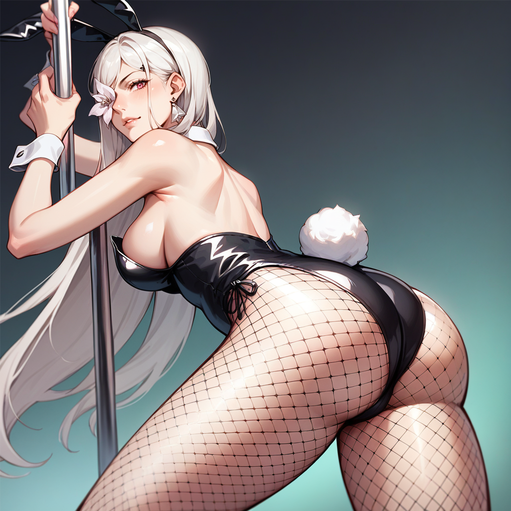 ai_generated ass breasts_out bunny_ears bunny_tail bunnysuit drag-on_dragoon drag-on_dragoon_3 drakengard drakengard_3 female female_only flower_in_eye large_ass looking_back pantyhose seductive_smile smile stripper stripper_pole thighs white_hair zero_(drag-on_dragoon) zero_(drakengard)