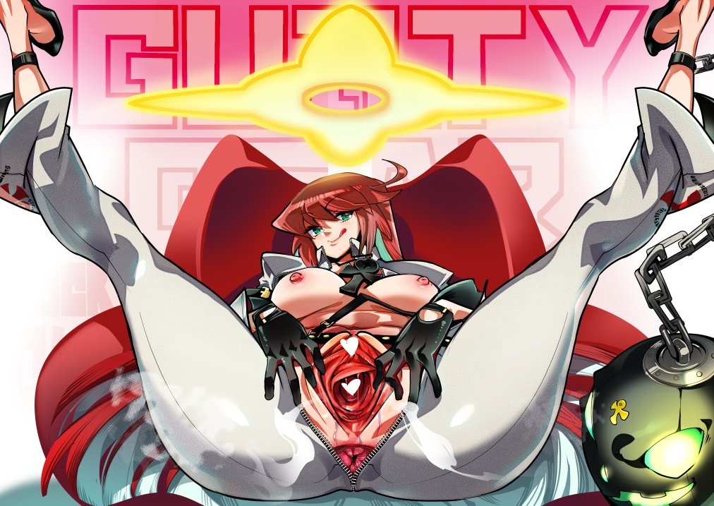 big_ass big_breasts exposed_breasts green_eyes guilty_gear guilty_gear_strive jack-o'_valentine kemonono large_breasts partially_clothed red_hair spread_legs spreading_pussy tagme thick_thighs tongue_out two-tone_hair white_hair