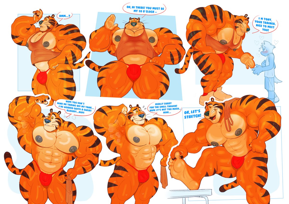 anthro armpits biceps big_breasts big_muscles black_stripes blue_nose blue_tits boner_bulge bulge cartoon_artstyle cereal_mascot comic credit_to_shoegaze dirtyyeen exercise exercising feet gym_teacher gym_trainer happy_face holding_feet horny horny_trainer kellogg&#039;s male_only mezcal muscular muscular_male orange_fur orange_fur_with_stripes red_socks red_speedo red_thong saying_hello_to_viewer shoegaze shoegaze. speech_bubble speedo speedo_thong stretch stretching sweat sweat_drip sweat_droplets sweat_drops sweating talking_to_viewer tank_top thicc_legs thong tony_the_tiger trainer triceps waving_hello welcoming_viewer whiskers white_abs white_pecs white_shoes white_trainers