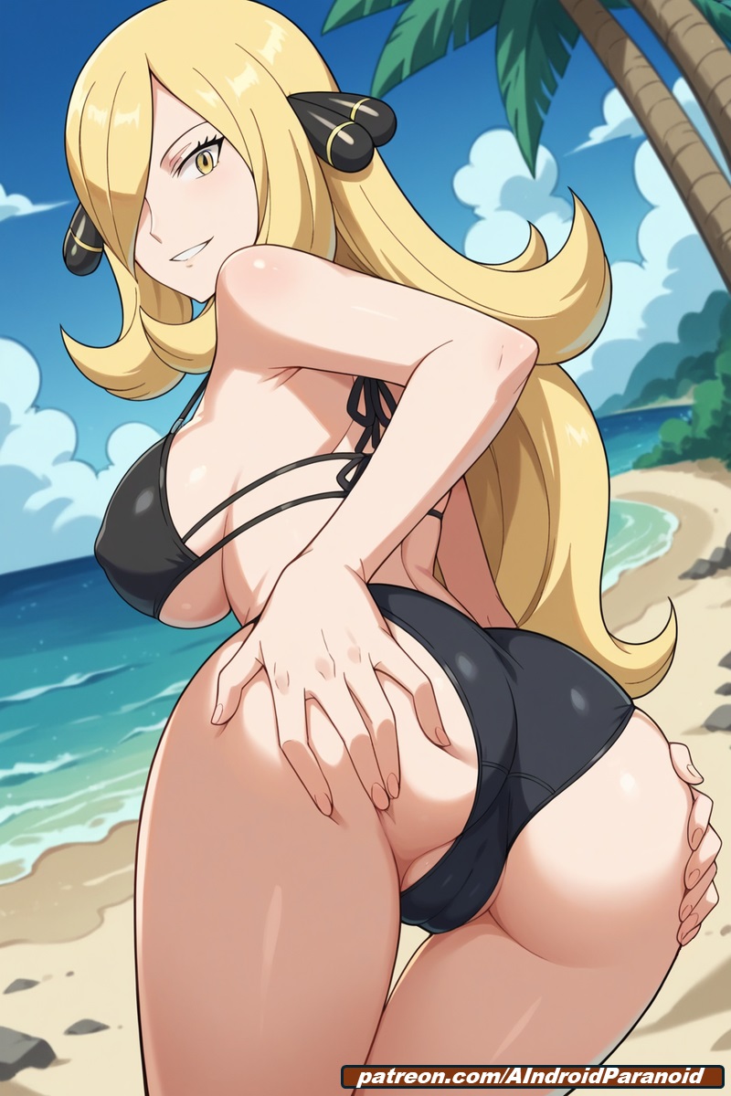 1girls, ai generated, aindroidparanoid, ass, beach, bent over, bikini, blonde hair, breasts, cameltoe, cynthia (pokemon), female, female only, from behind, from behind position, grabbing ass, huge ass, huge breasts, long hair, narrow waist, nipples, ocean, one eye obstructed, outdoors, pokemon, pussy, showing ass, squeezing butt, stable diffusion, swimsuit, wavy hair, yellow eyes