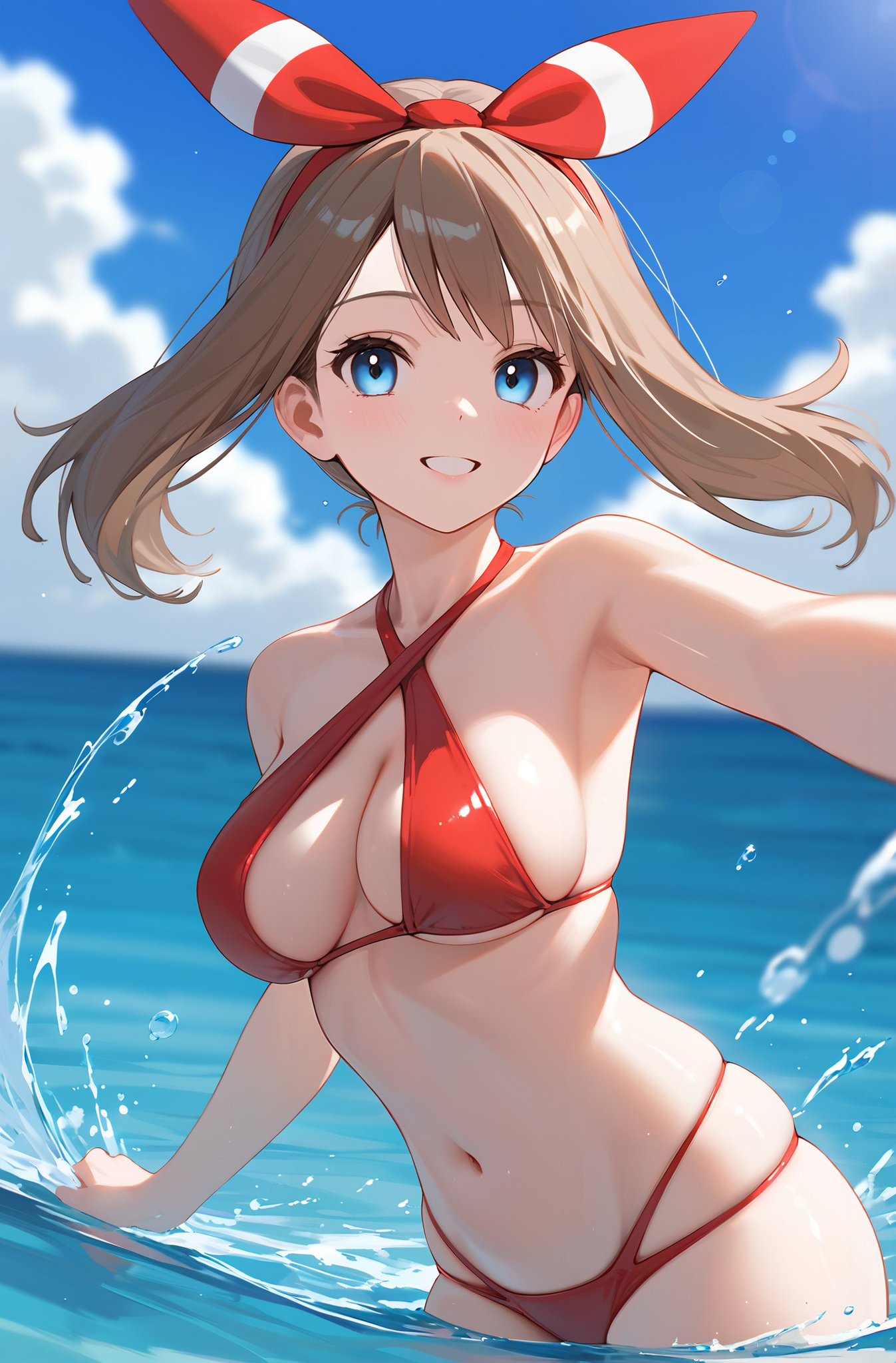 1girl ai_generated armpit bare_arms bare_shoulders beach bikini bikini_bottom bikini_top blue_eyes boob_window breasts brown_hair cleavage clouds female hips lake looking_at_viewer may_(pokemon) may_(pokemon_oras) medium_hair navel paquebot pokemon pokemon_oras pokemon_rse red_bikini red_bikini_bottom red_bikini_only red_bikini_top red_swimsuit red_swimwear ribbon sky smile smiling smiling_at_viewer solo solo_focus splashing summer sunlight swimming swimsuit swimwear thighs water