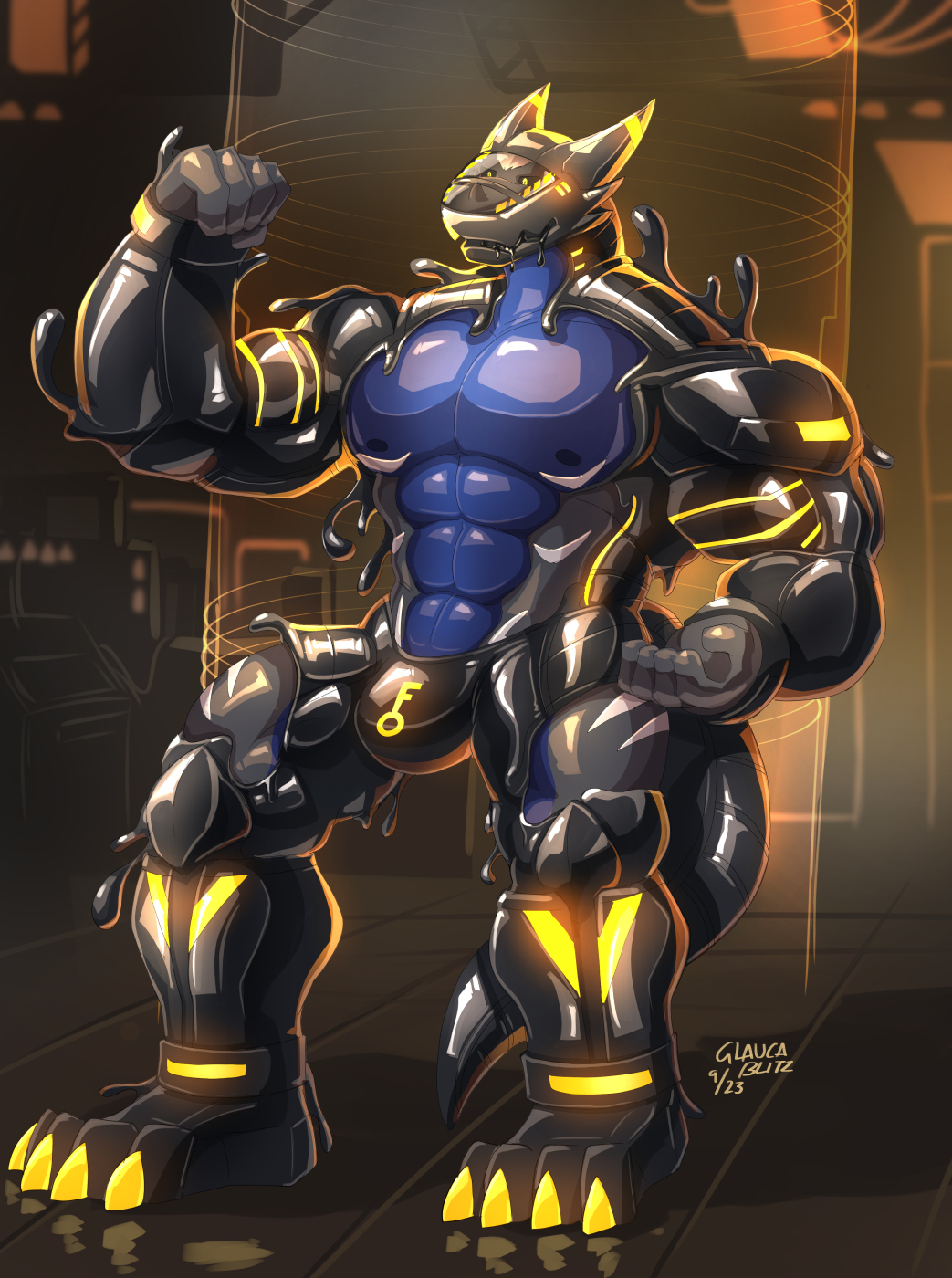 2023 abs anthro barazoku biceps big_muscles biped flexing flexing_bicep glaucablitz goo_transformation hi_res male muscular muscular_anthro muscular_male null_bulge pecs solo standing synth_(vader-san) transformation