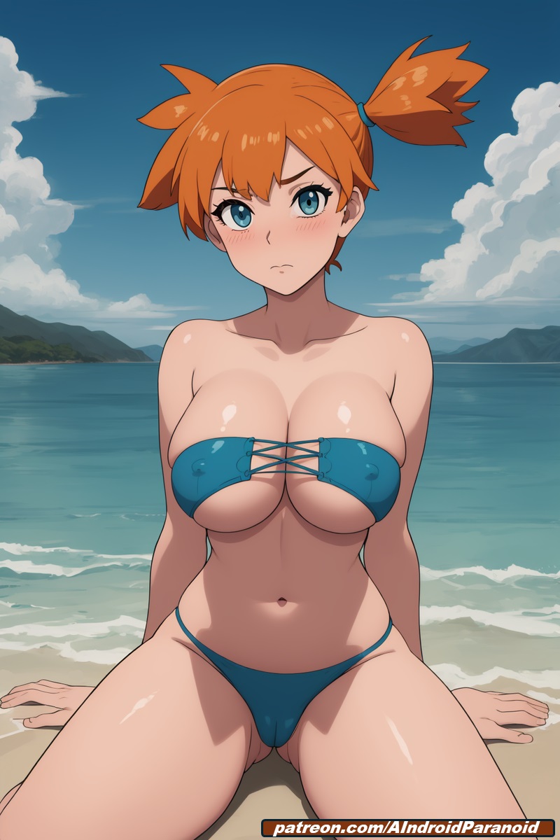 1girls, ai generated, aindroidparanoid, alternate breast size, ass, beach, big ass, big breasts, bikini, blue eyes, breasts, cameltoe, female, female only, ginger hair, hips, huge ass, huge breasts, huge butt, human, kasumi (pokemon), large ass, large breasts, narrow waist, nipples, orange hair, outdoors, pokegirl, pokemon, ponytail, pussy, sand, sea, short hair, solo, stable diffusion, wide hips