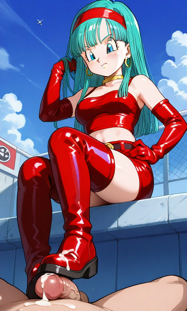 ai_generated blue_hair bootjob bra_briefs bulla_brief clothes dragon_ball_gt dragon_ball_z footjob_with_shoes latex patent_boots shiny