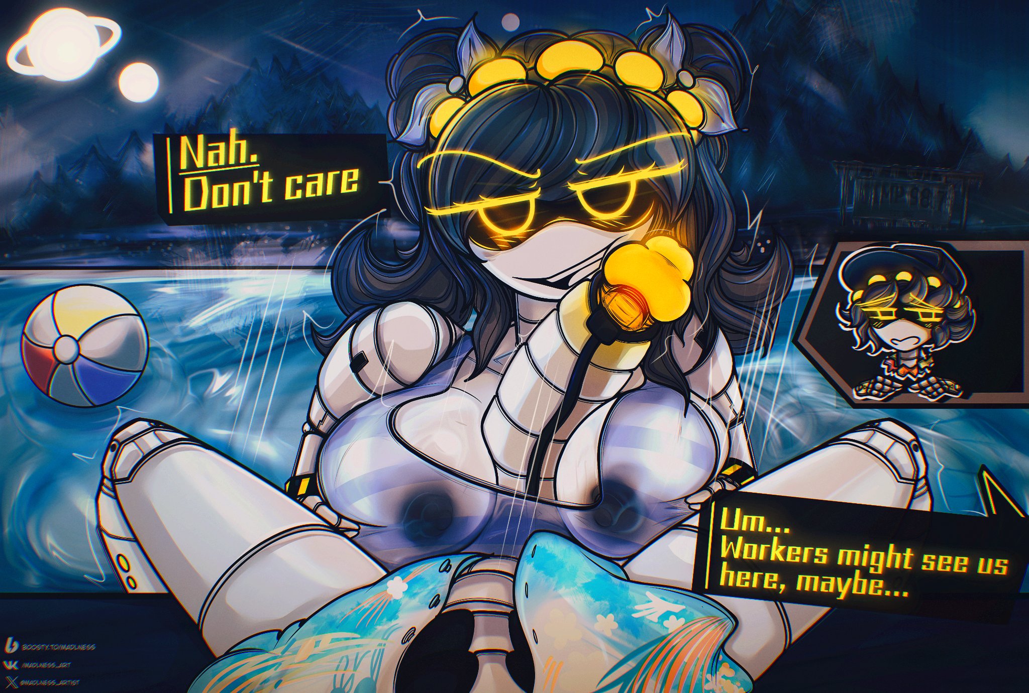 1boy, 1girls, areola, big areola, big breasts, big penis, blush, breasts, dialogue, female, glitch productions, grey body, j (murder drones), looking at partner, madlness, male, male/female, murder drones, n (murder drones), naughty face, nipples, paizuri, penis, pool, robot, robot girl, silver hair, smile, smiling, tagme, text, titjob, vibrator, vibrator on penis, yellow eyes
