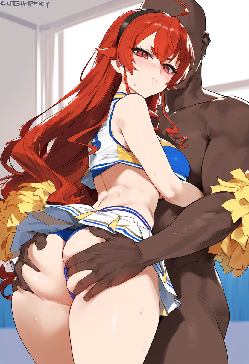 1boy 1girls ai_generated cheerleader cheerleader_uniform dark-skinned_male eris_greyrat geosan interracial light-skinned_female looking_at_viewer mushoku_tensei red_eyes red_hair straight