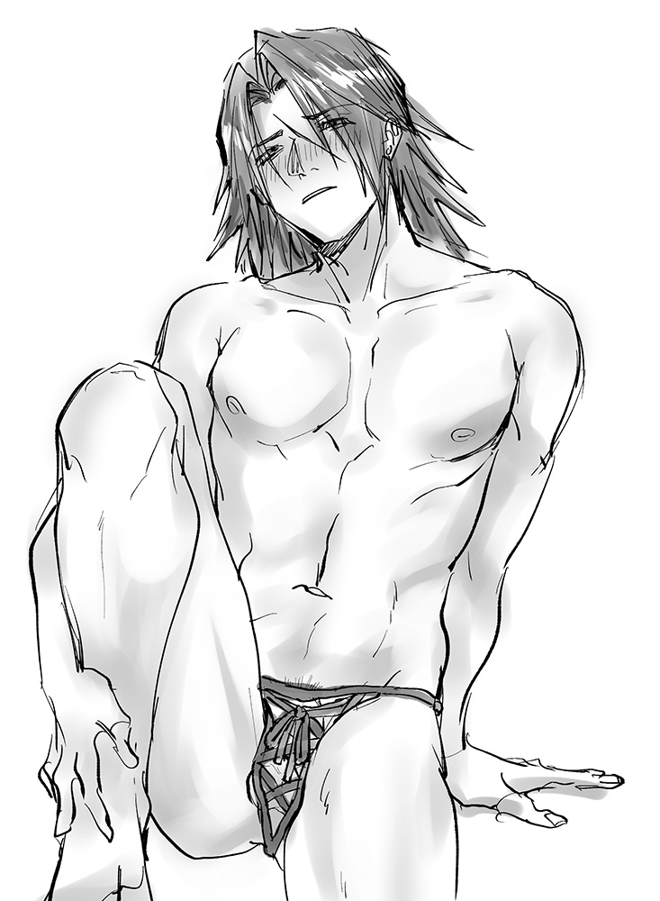 1boy blush final_fantasy final_fantasy_viii kingdom_hearts knee_up male male_only naked naked_male nipples nude nude_male squall_leonhart string_panties wrapped yaoi