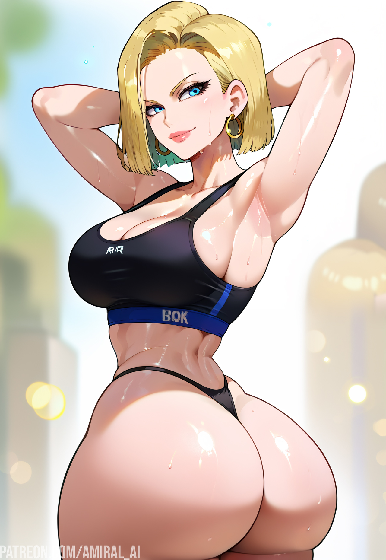 1girls, ai generated, amiral ai, android 18, armpits, arms behind head, arms up, ass, ass focus, big ass, big butt, blonde hair, blue eyes, breasts, dragon ball, dragon ball super, dragon ball z, earrings, female, female only, g-string, gym uniform, hi res, hoop earrings, huge ass, jewelry, light skin, light-skinned female, lipstick, long hair, makeup, mature, mature female, midriff, milf, panties, patreon username, pinup, presenting, presenting ass, revealing clothes, sagging breasts, shoulder length hair, solo, sports bra, sweat, sweatdrop, thick ass, thick thighs, thighs, thong, underwear, watermark, wet, wet skin, wide hips, workout clothes