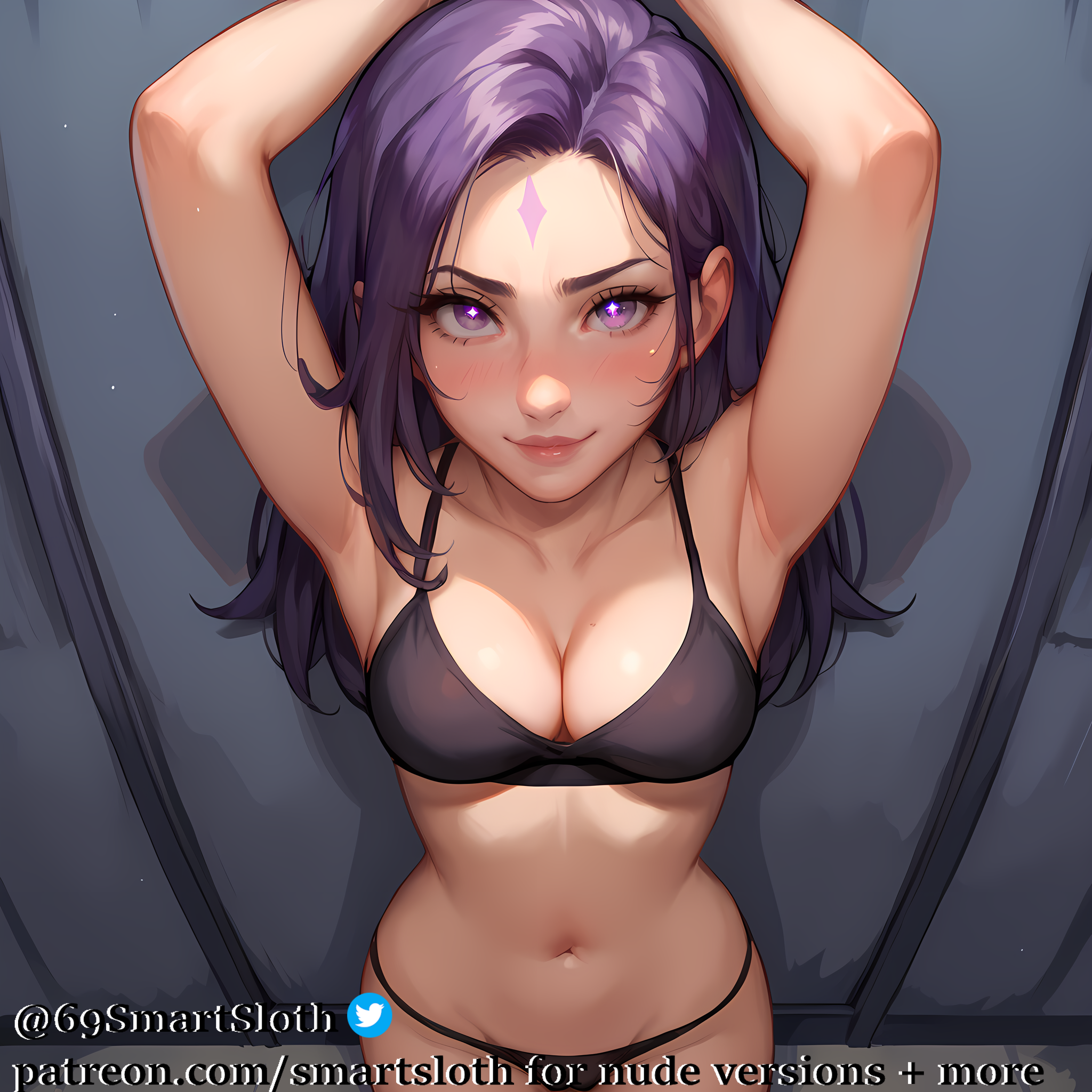 ai generated, female, kai'sa, league of legends, purple eyes, purple hair, riot games, smartsloth, sparkling eyes