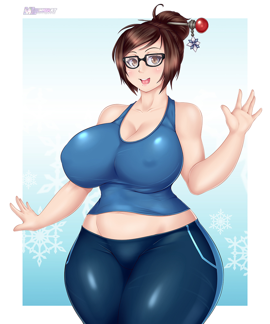 1girls, bare shoulders, big breasts, breasts, brown eyes, brown hair, chubby, clothed, clothed female, clothes, clothing, curvy, erect nipples, erect nipples under clothes, female, female only, glasses, hips, huge breasts, human, human only, large breasts, looking at viewer, mei (overwatch), mleonheart, nipples, no nipples, open mouth, overwatch, skin tight, solo, solo female, standing, thick, thick thighs, thighs, tight clothes, wide hips