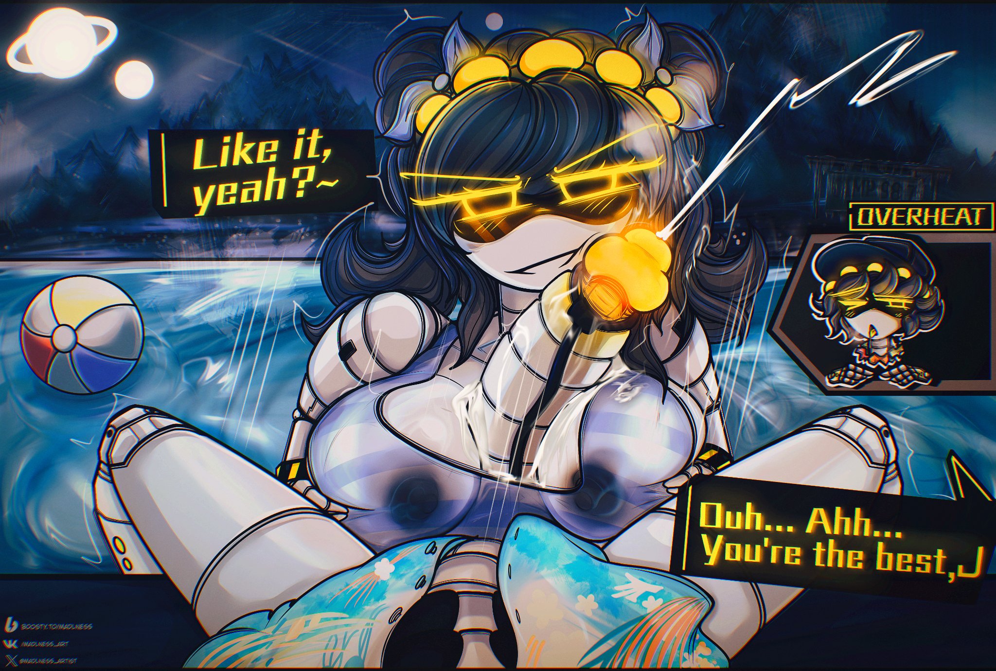 1boy, 1girls, areola, big areola, big breasts, big penis, blush, breasts, cum, cumshot, dialogue, female, glitch productions, grey body, j (murder drones), looking at partner, madlness, male, male/female, murder drones, n (murder drones), naughty face, nipples, paizuri, penis, robot, robot girl, silver hair, smile, smiling, tagme, text, titjob, vibrator, vibrator on penis, yellow eyes