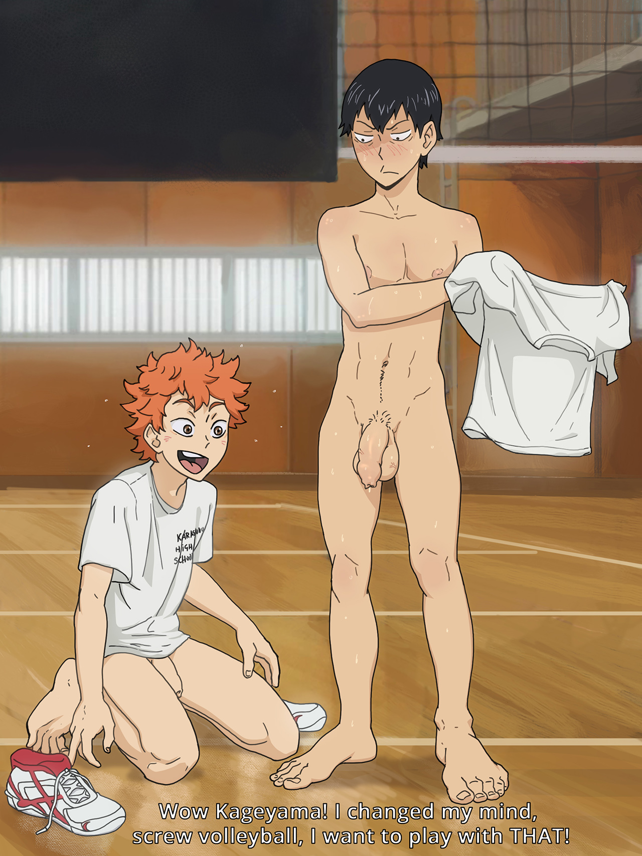 2boys, abs, anma, balls, barefoot, blush, color, dressing, feet, foreskin, haikyuu!!, human, kneeling, male, male only, muscles, penis, shoyo hinata, smile, standing, testicles, text, tobio kageyama, uncensored, uncircumcised, unretracted foreskin