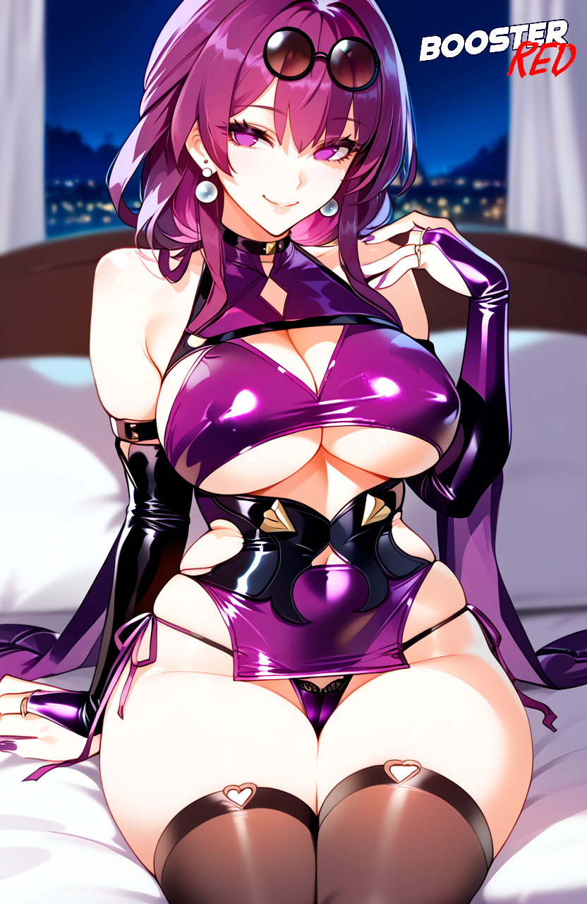 1girls ai_generated bed bedroom black_stockings bodycon boosterred99 bridal_gauntlets cleavage_cutout curvy dress earrings high-waist_shorts honkai:_star_rail kafka_(honkai:_star_rail) large_breasts miniskirt purple_eyes purple_hair purple_pantyhose pussy seductive_smile shirt side-tie_panties sideboob sitting sitting_on_bed smile stockings thick_thighs thighs underboob white_shirt wide_hips