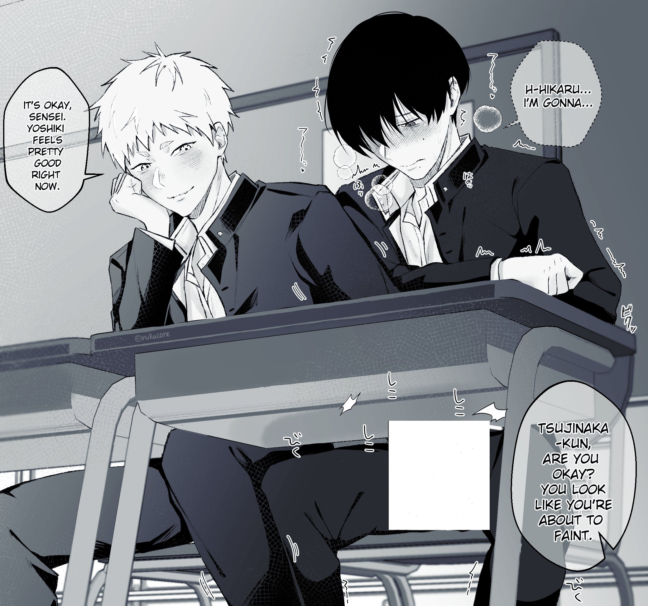 black hair, censored, classroom, english text, gay, gay male, hikaru ga shinda natsu, hikaru indou, spenixthebig, the summer hikaru died, white hair, yaoi, yoshiki tsujinaka