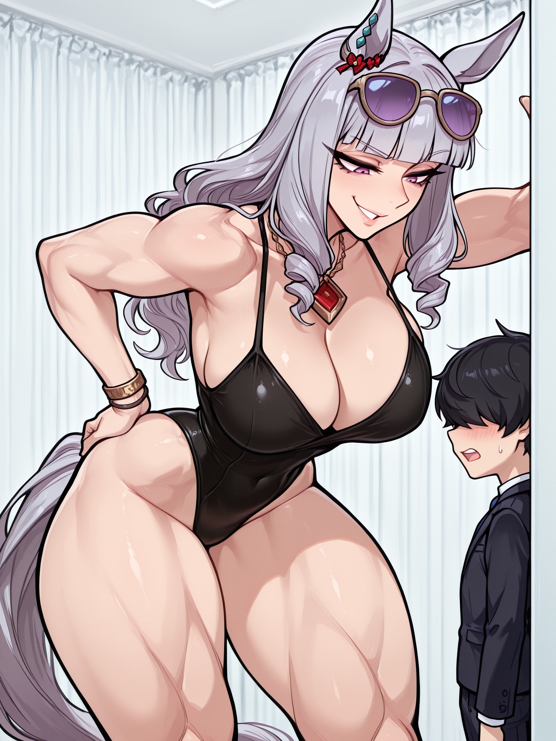 1boy, 1girl, ai generated, ass, bangs, bending over, big ass, big breasts, big hips, breasts, cleavage, clothed, clothing, eyebrows, eyelashes, female, female focus, gold ship (umamusume), hime cut, horse, horse ears, horse girl, kabedon, leaning forward, light purple eyes, long hair, looking at viewer, looking down at viewer, male, medium breasts, medium hair, muscular, navel, purple eyes, silver hair, smile, smirk, smooth skin, solo, solo female, solo focus, swimsuit, swimwear, tall, tall female, taller female, trainer (umamusume), umamusume, umamusume pretty derby, velfur (artist), white hair