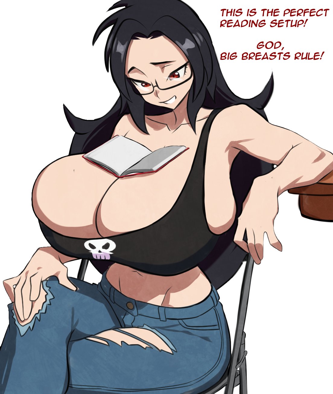 big breasts, black hair, black tank top, black topwear, book, breast size talk, breasts, chair, collarbone, convenient breasts, female, female only, grin, huge breasts, jeans, long hair, looking down, mewmaster93, midriff, navel, original, red eyes, sideboob, sitting, size talk, steel chair, tank top, text, torn jeans