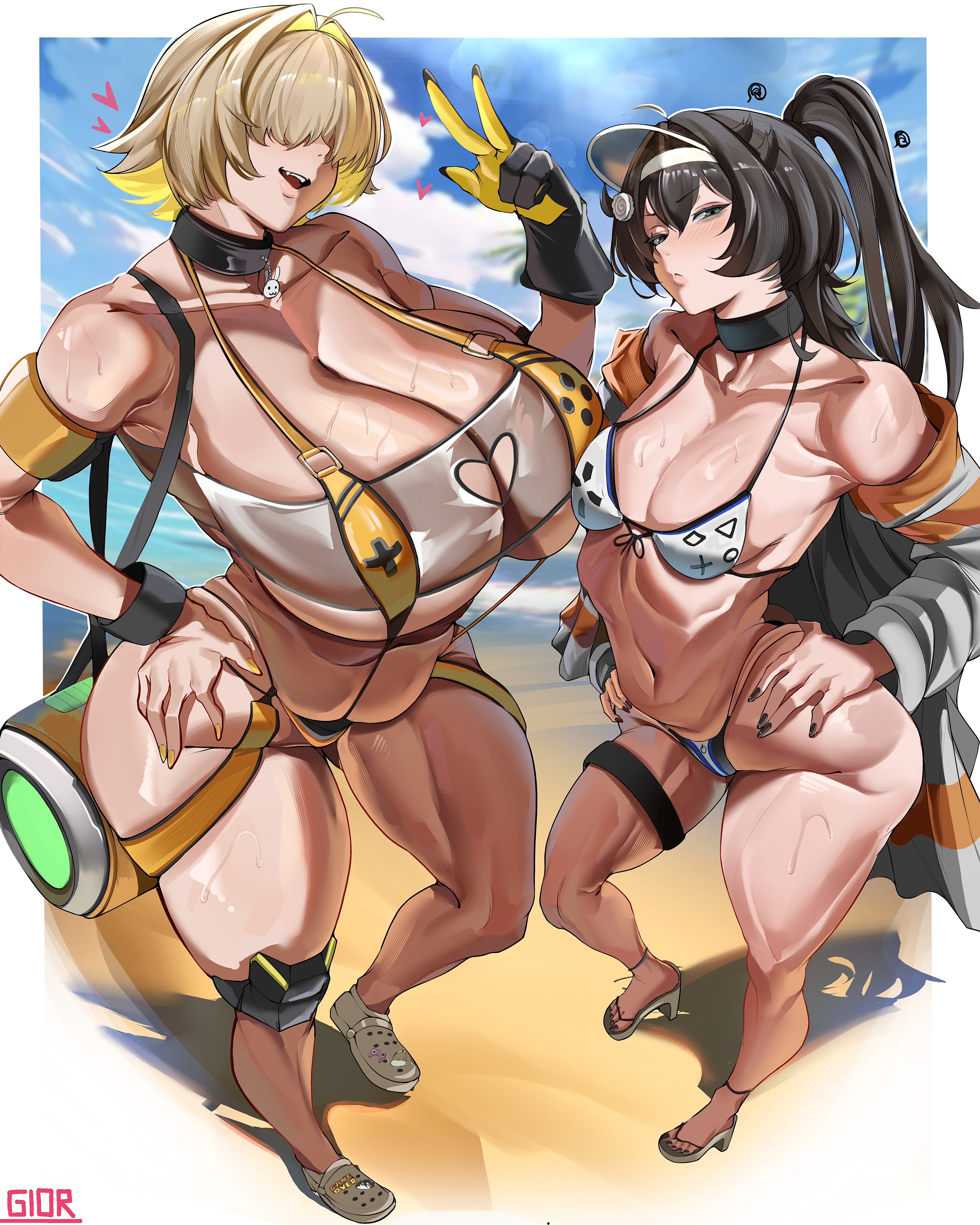 2girls, bikini, clothed, clothing, elegg (boom and shock) (nikke), elegg (nikke), female, female only, gior dannn, goddess of victory: nikke, hair over eyes, light skin, light-skinned female, swimwear, trony (nikke)