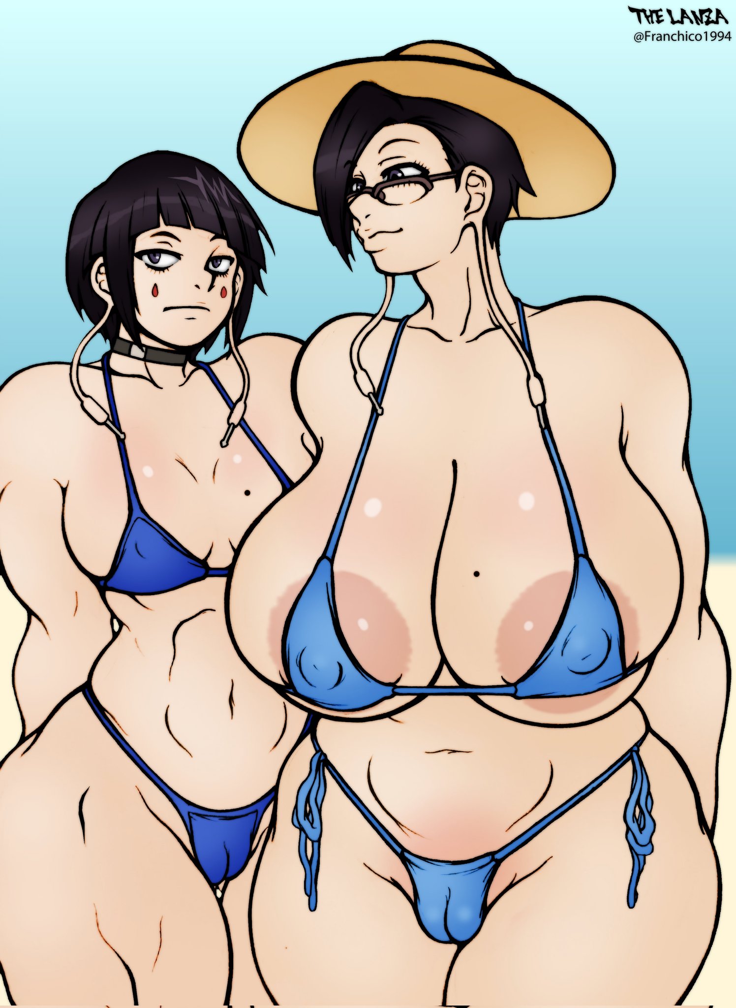 2girls, areola, areola peek, areolae, areolae peeking, bikini, bikini bottom, bikini top, black choker, black hair, blue bikini, blue bikini bottom, blue bikini top, boku no hero academia, breasts bigger than head, cameltoe, choker, female, female only, flat chest, flat chested, franchico1994, girl, glasses, hat, huge areola, huge areolae, huge breasts, jirou kyouka, jirou mika, kyoka jiro, large breasts, light skin, light skinned female, light-skinned female, midriff, mika jiro, milf, mole, mole on breast, mother and daughter, mother daughter boob envy (meme), my hero academia, navel, nipple bulge, short hair, small breasts, tagme, thick thighs, voluptuous, voluptuous female, wide hips