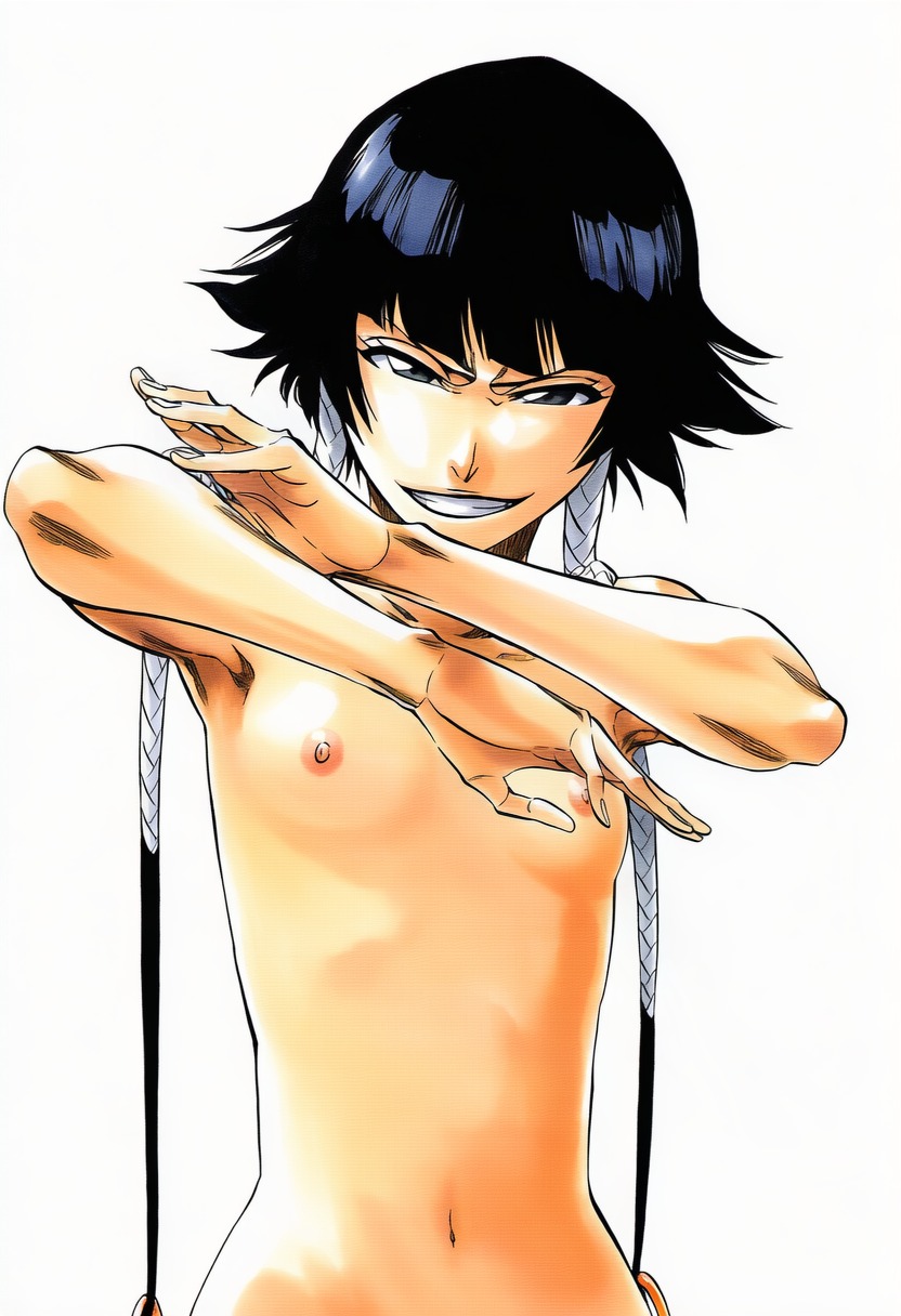 1girls, accurate art style, accurate body type, ai generated, areolae, armpits, arms up, bare arms, bare shoulders, belly button, bleach, blunt bangs, braid, breast focus, breasts, breasts apart, cel shading, clavicle, collarbone, completely nude, completely nude female, digital media, evil grin, facing viewer, female, female focus, female only, female pubic hair, fighting stance, flat chest, front view, grey eyes, grin, hair rings, hair tubes, highres, light skin, light-skinned female, line art, looking at viewer, manga style, naked, narrow waist, navel, nipples, nude, nude female, out-of-frame censoring, parted lips, petite, pink nipples, pose, shiny hair, shiny skin, short hair with long locks, simple background, skinny, skinny female, slender body, slender waist, slim waist, small breasts, smile, smirk, soifon, solo, solo female, solo focus, standing, sui-feng, tite kubo style, upper body, white background