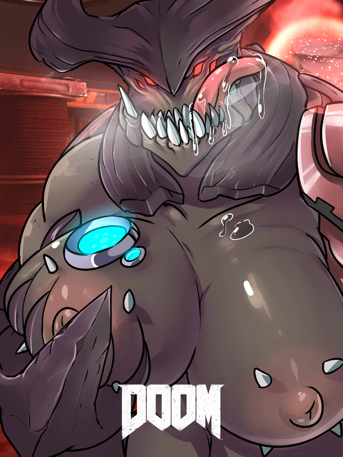 1girls, breast grab, breasts, cyberdemon (2016), cyberdemon (doom), cyborg, demon, doom, doom (2016), female, grab, huge breasts, krekk0v, saliva, solo, tagme, text