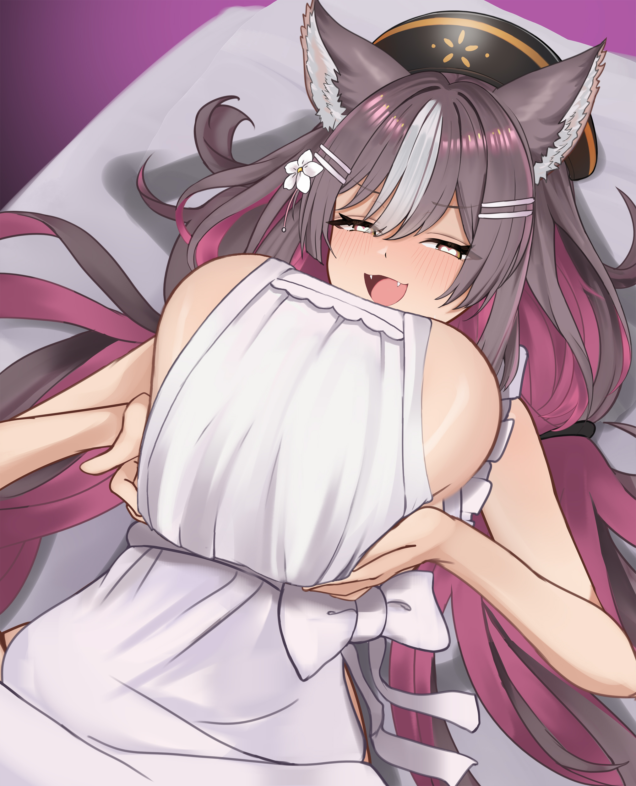 1girl, absurdres, animal ears, apron, black hat, blush, breast grab, breasts, breasts out, brown hair, chisaka airi, colored inner hair, flower, grabbing own breast, hair flower, hair ornament, hat, heart-shaped pupils, heiz illust, highres, huge breasts, long hair, looking at viewer, lying, multicolored hair, naked apron, nipples, on back, phase alias, phase connect, pink hair, sagging breasts, solo, streaked hair, symbol-shaped pupils, virtual youtuber, white apron, white flowers, white hair, wolf ears, wolf girl, yellow eyes