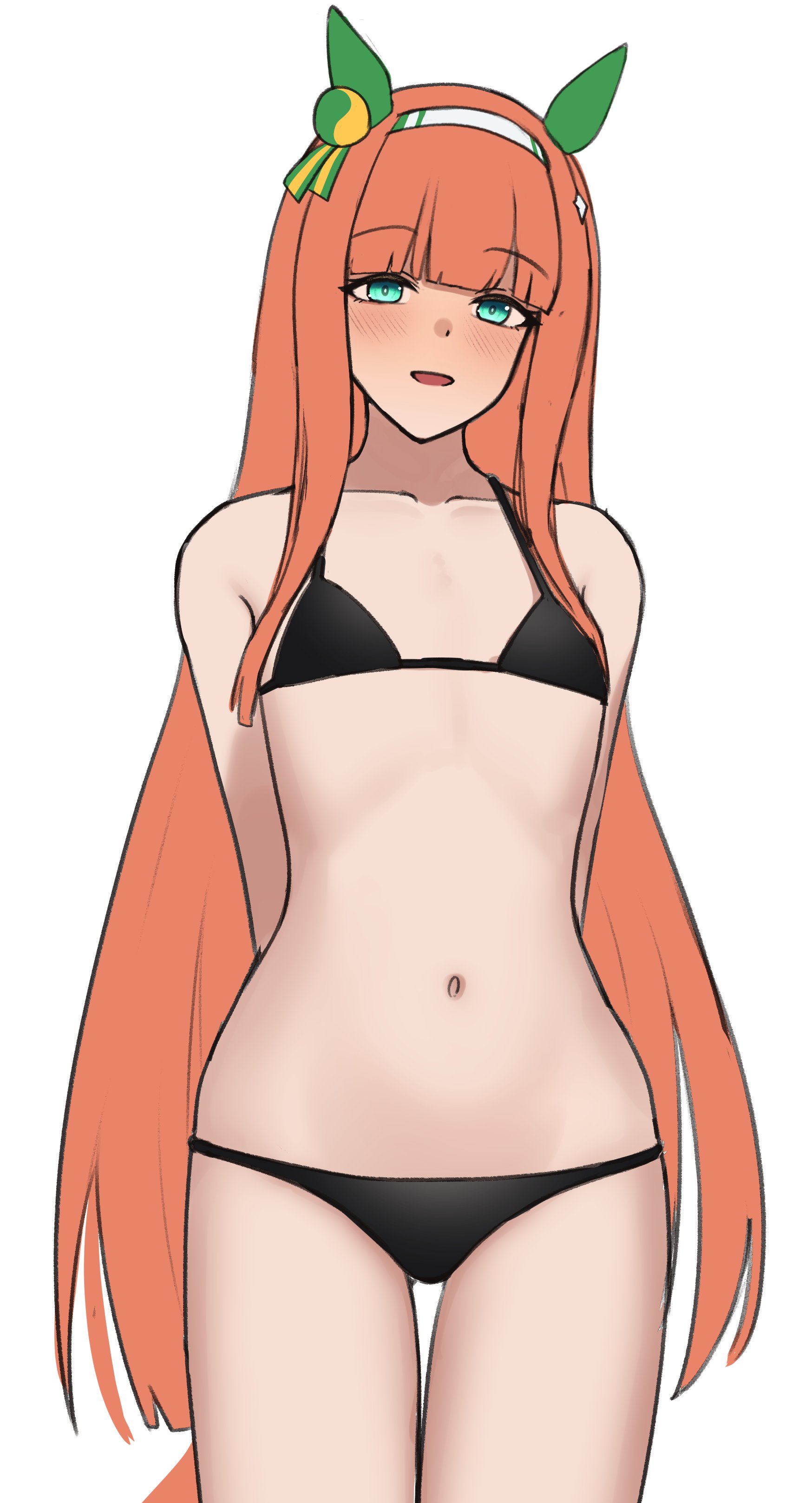 :d, accurate body type, bakkasu150, belly, bikini, female, flat chest, flat chested, ginger hair, hands behind back, horse ears, horse girl, long hair, lore accurate, midriff, orange hair, petite, petite body, silence suzuka (umamusume), small breasts, thigh gap, umamusume, umamusume pretty derby