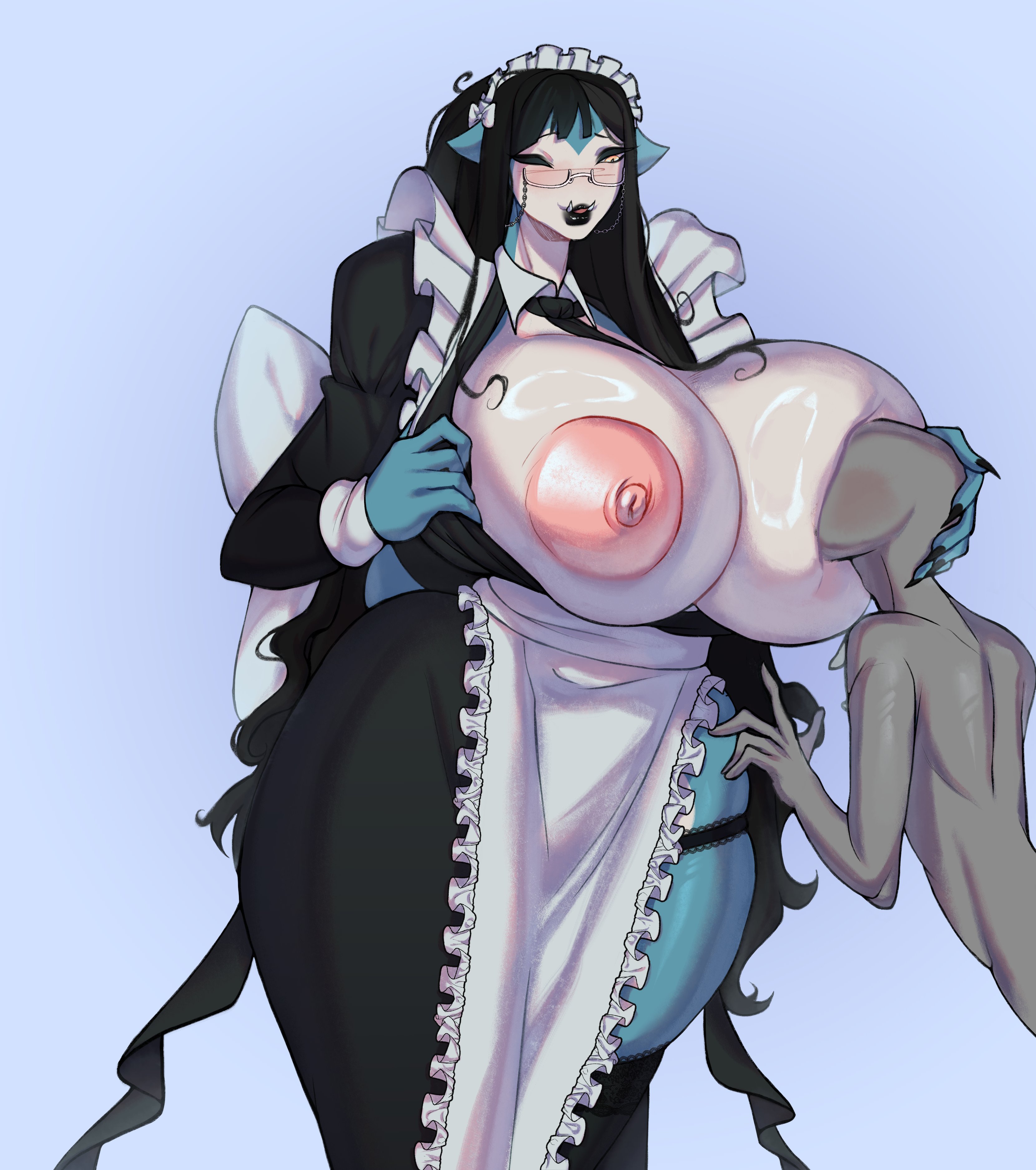 1boy, 1girls, anon, anthro, huge breasts, large breasts, maid, maid headdress, maid uniform, pokemon, snorlax, toufucoo