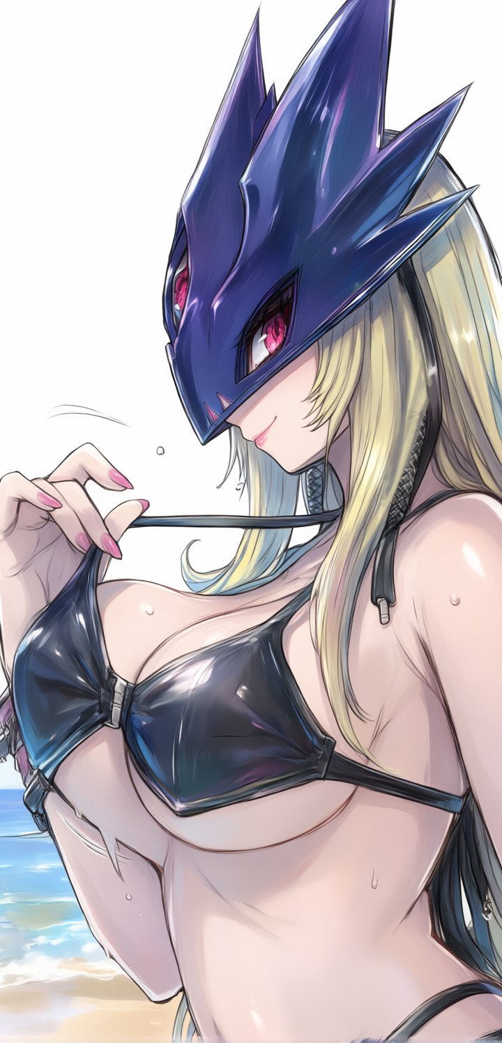 1girl 1girls ai_art ai_generated beelstarmon big_breasts bikini black_bikini blonde_hair breasts cleavage digimon fingernails from_side large_breasts long_hair looking_at_viewer mask nail_polish pink_nails red_eyes red_nails smile solo swimsuit underboob