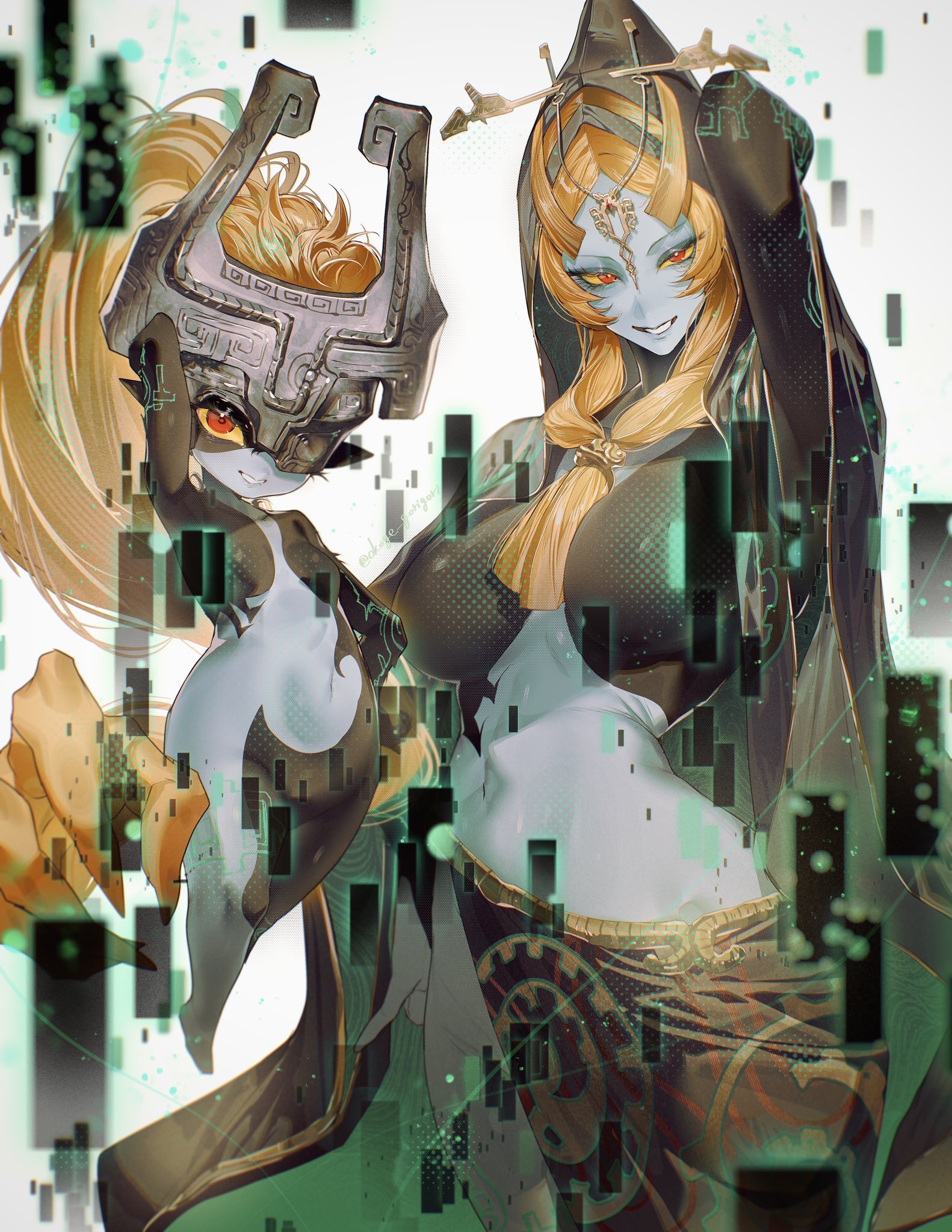 1girl, black hood, black skirt, breasts, colored sclera, colored skin, commentary request, cuso4 suiwabutu, female only, front ponytail, grey skin, hand hair, happy, helmet, helmet over one eye, highres, hood, imp, imp midna, jewelry, large breasts, long hair, looking at viewer, midna, midna (true), multicolored skin, multiple views, navel, nintendo, orange hair, pale skin, pear-shaped figure, pointy ears, red eyes, simple background, skirt, small breasts, smile, solo, standing, teeth, the legend of zelda, twili midna, twilight princess, twitter username, two-tone skin, white background, yellow sclera
